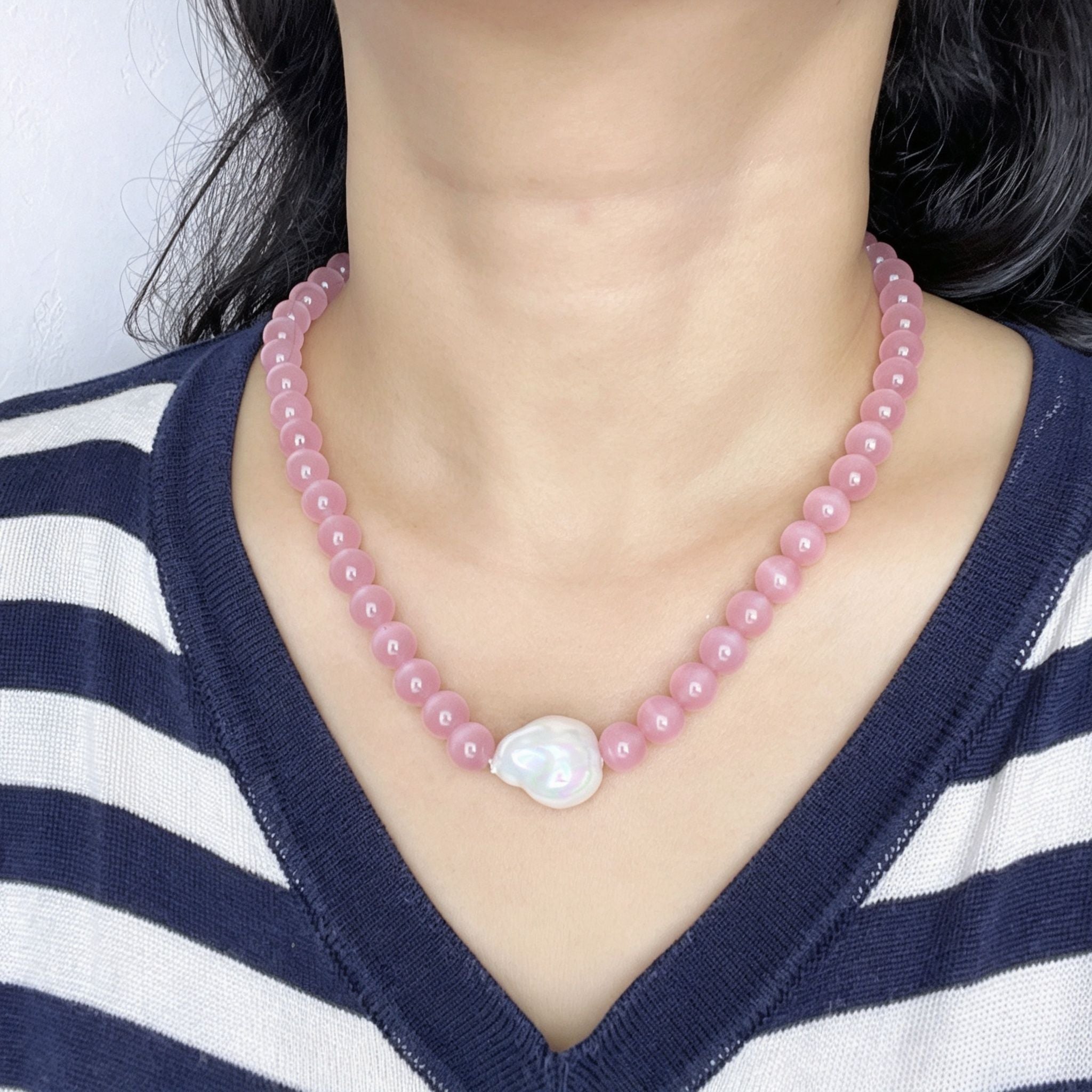 Handmade Pink Cat Eye Stone Bead Choker Necklace | Baroque Pearl Accent