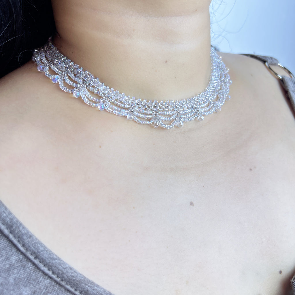 Handmade All White Multi-Layer Scallop Wave Lace Beaded Choker Necklace | Bridal Wedding Fairycore Collar