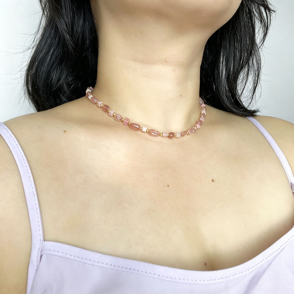 Handmade Strawberry Quartz Mixed Shape Bead Choker Necklace | Pink Natural Stone Gold Spacer