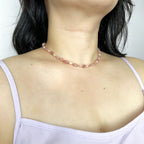 Handmade Strawberry Quartz Mixed Shape Bead Choker Necklace | Pink Natural Stone Gold Spacer