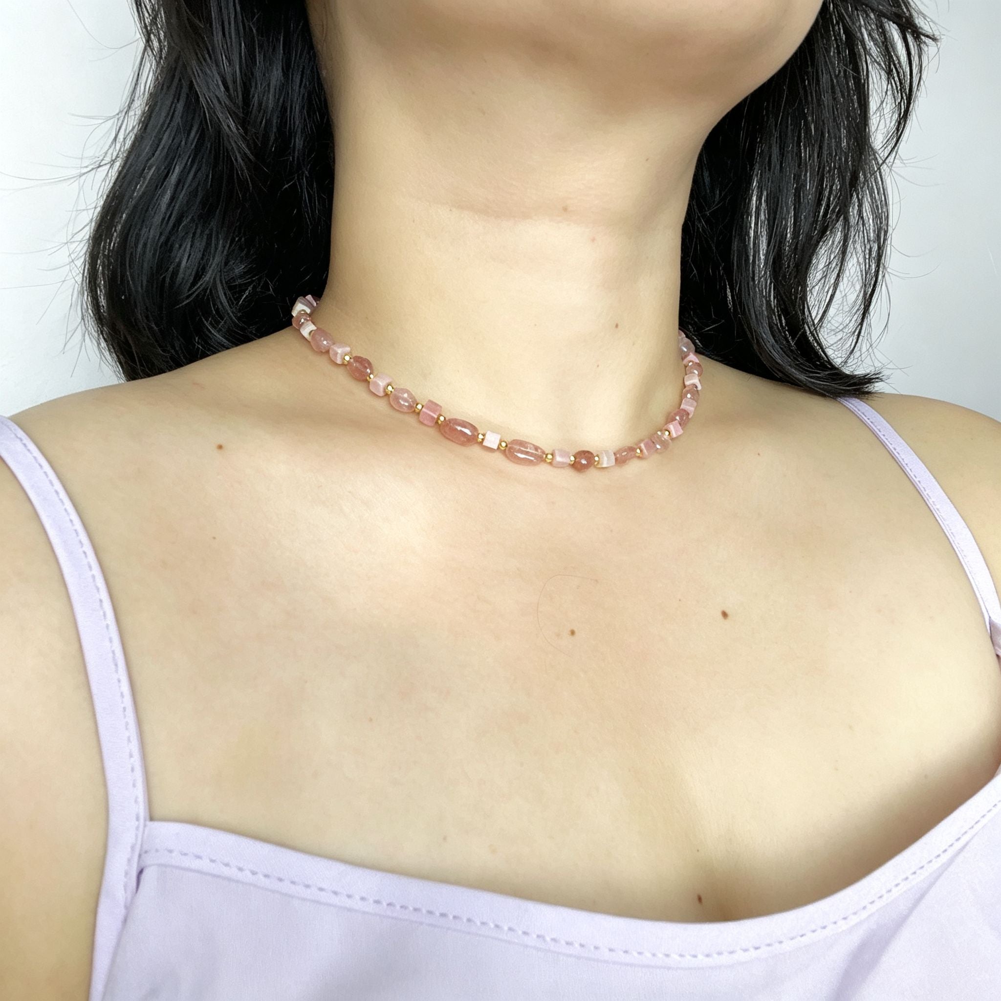 Handmade Strawberry Quartz Mixed Shape Bead Choker Necklace | Pink Natural Stone Gold Spacer