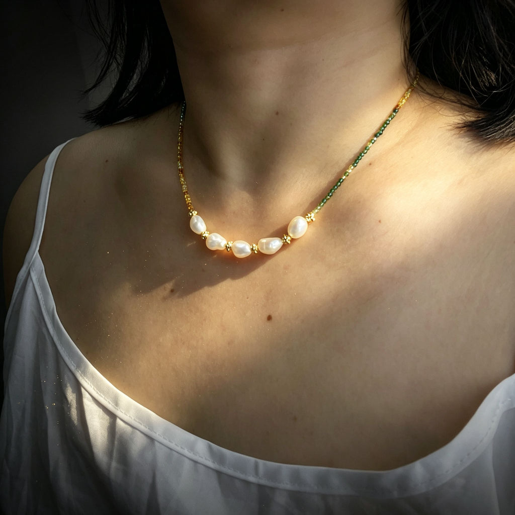 Handmade Green Orange Gradient Crystal Bead Necklace | Baroque Freshwater Pearl Gold Flower Spacer Luxe