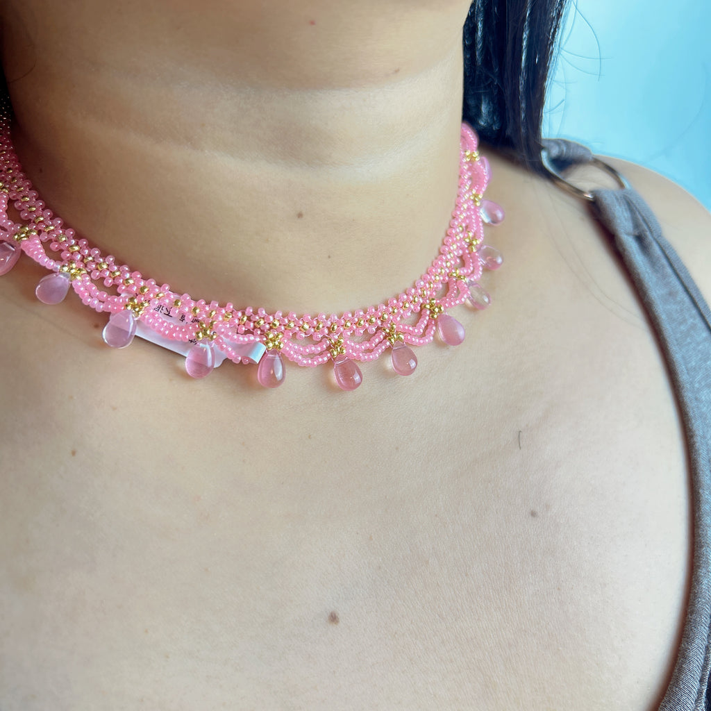 Handmade Pink & Gold Wave Lace Beaded Choker Necklace | Pink Crystal Teardrop Drop Fringe Y2K Princess Collar