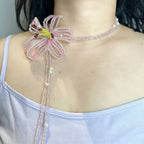 Handmade 3D Pink Hibiscus Flower Beaded Choker Necklace | Asymmetric Pearl Tassel Drop Fairycore Statement