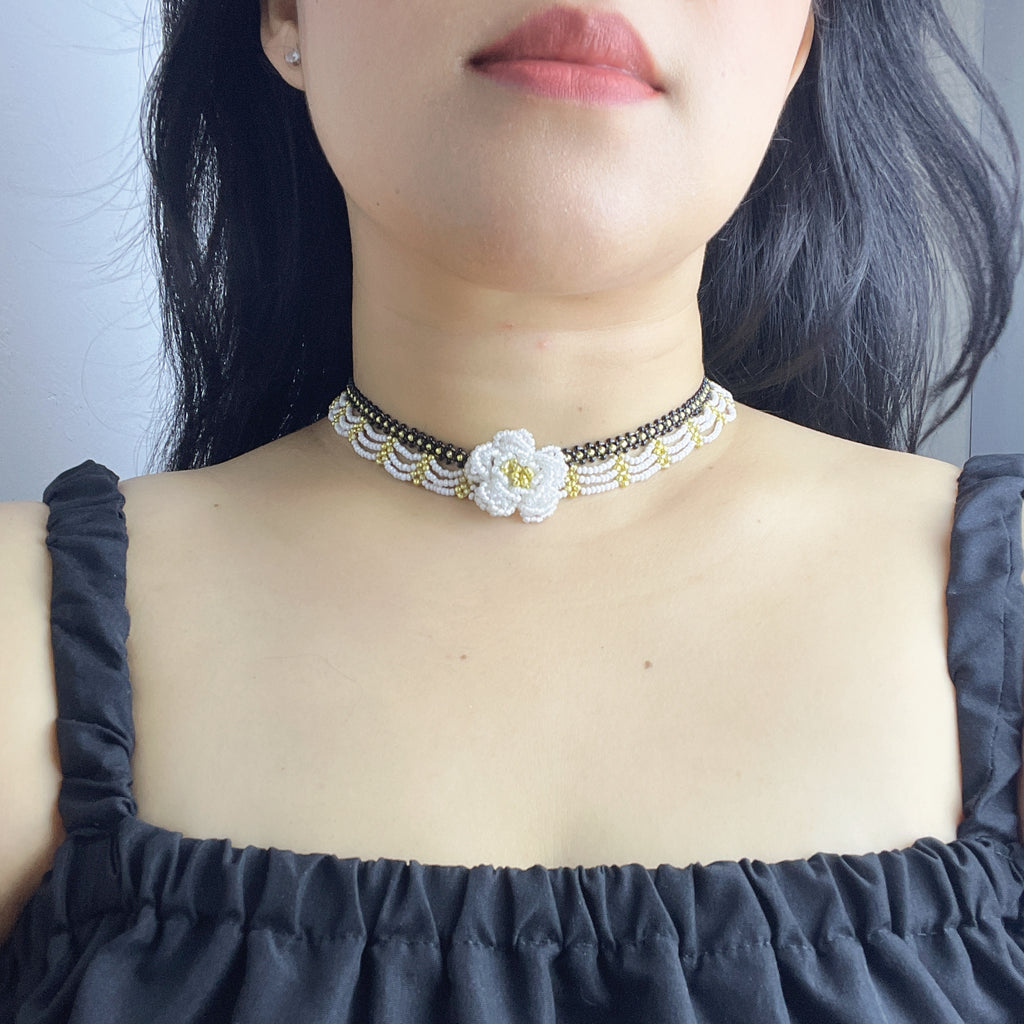 Handmade Black & White Wave Lace Beaded Choker Necklace | 3D White Rose Center Yellow-Green Stamen Cottagecore