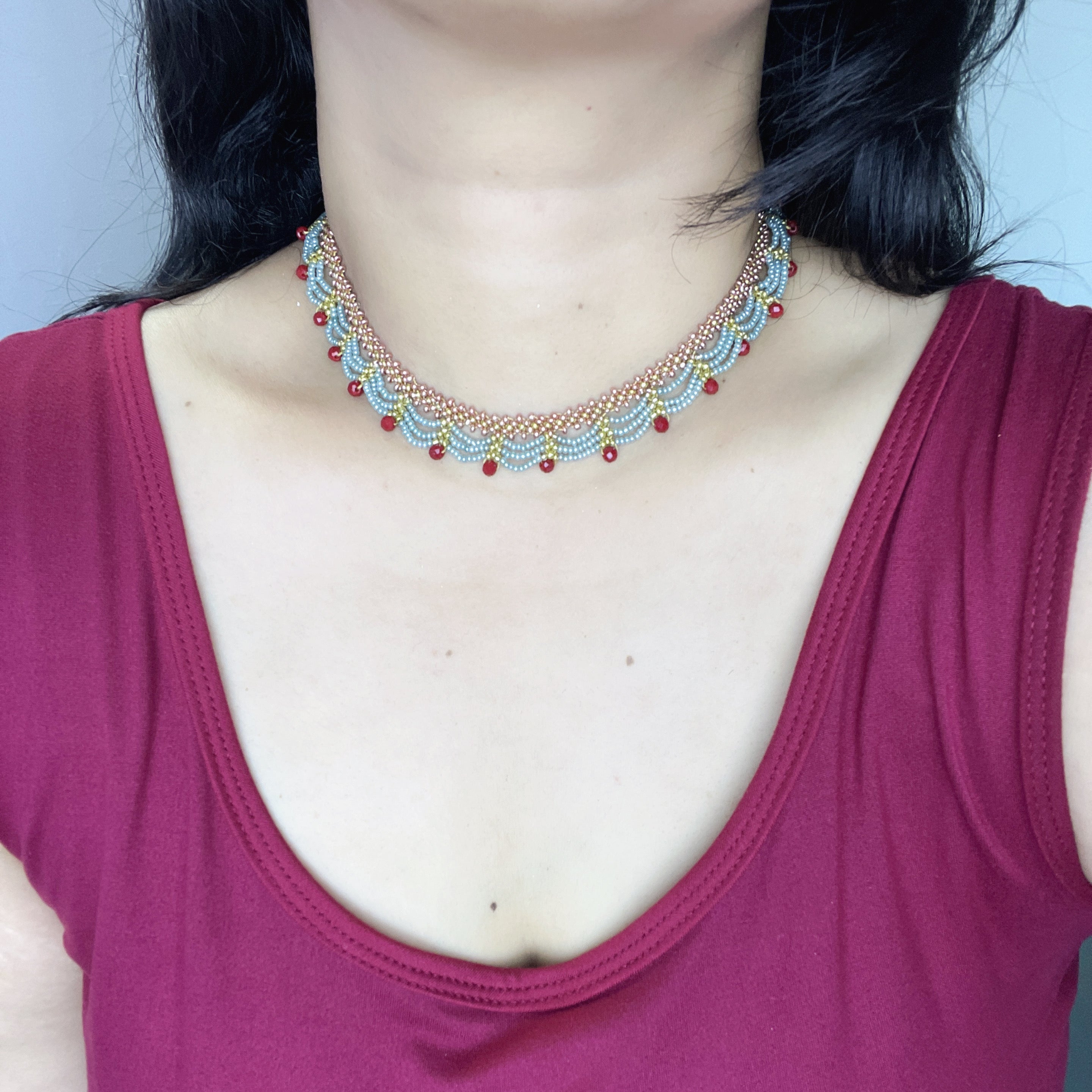 Handmade Rose Gold & Sky Blue Scallop Beaded Choker Necklace | Red Bead Drop Boho Wide Collar