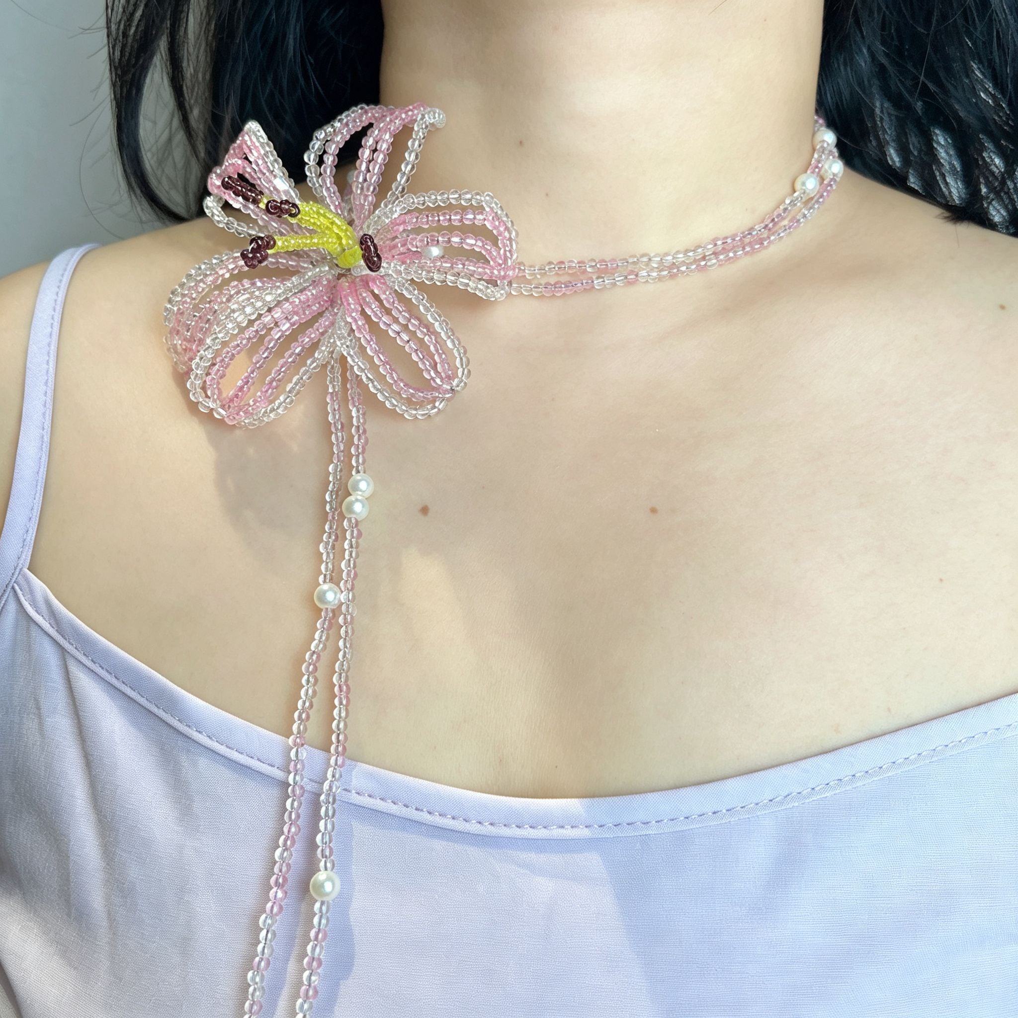 Handmade 3D Pink Flower Beaded Statement Necklace | Fairycore Floral Lariat with Pearl Fringe