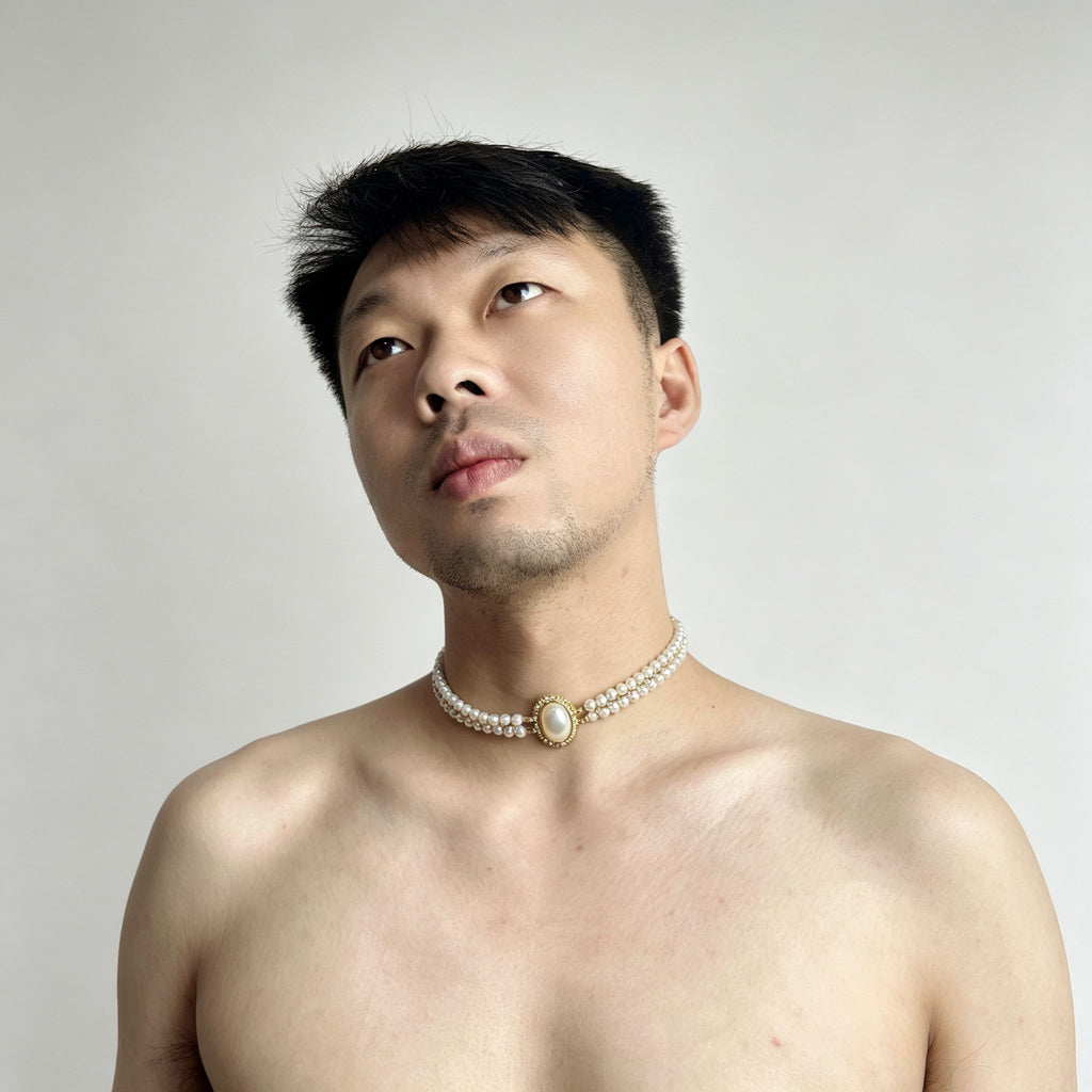 Handmade Double Layer Pearl Choker Necklace | Gold Oval Rhinestone Clasp