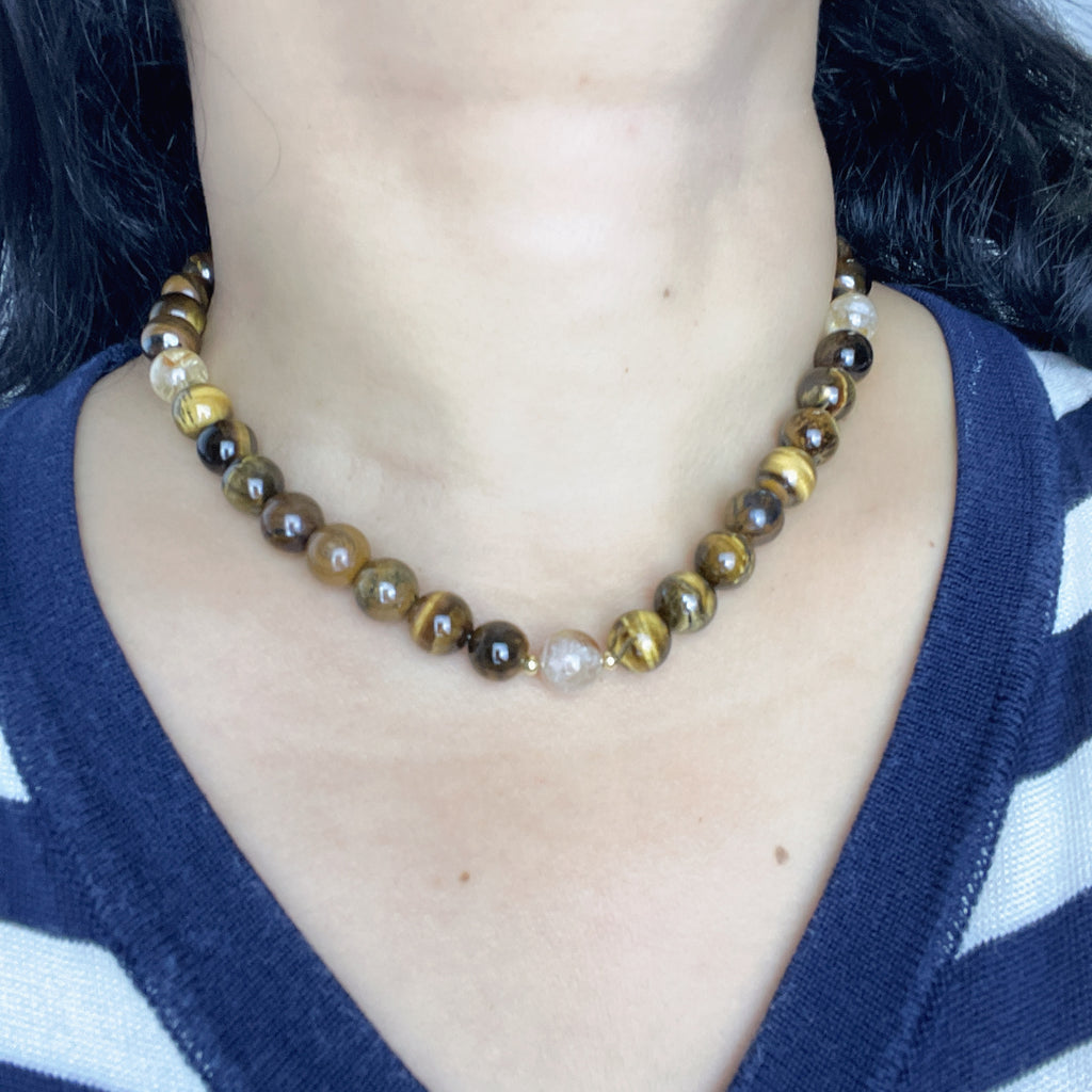 Handmade Tiger Eye Stone & Freshwater Pearl Beaded Necklace | Gold Brown Natural Stone Silver Spacer