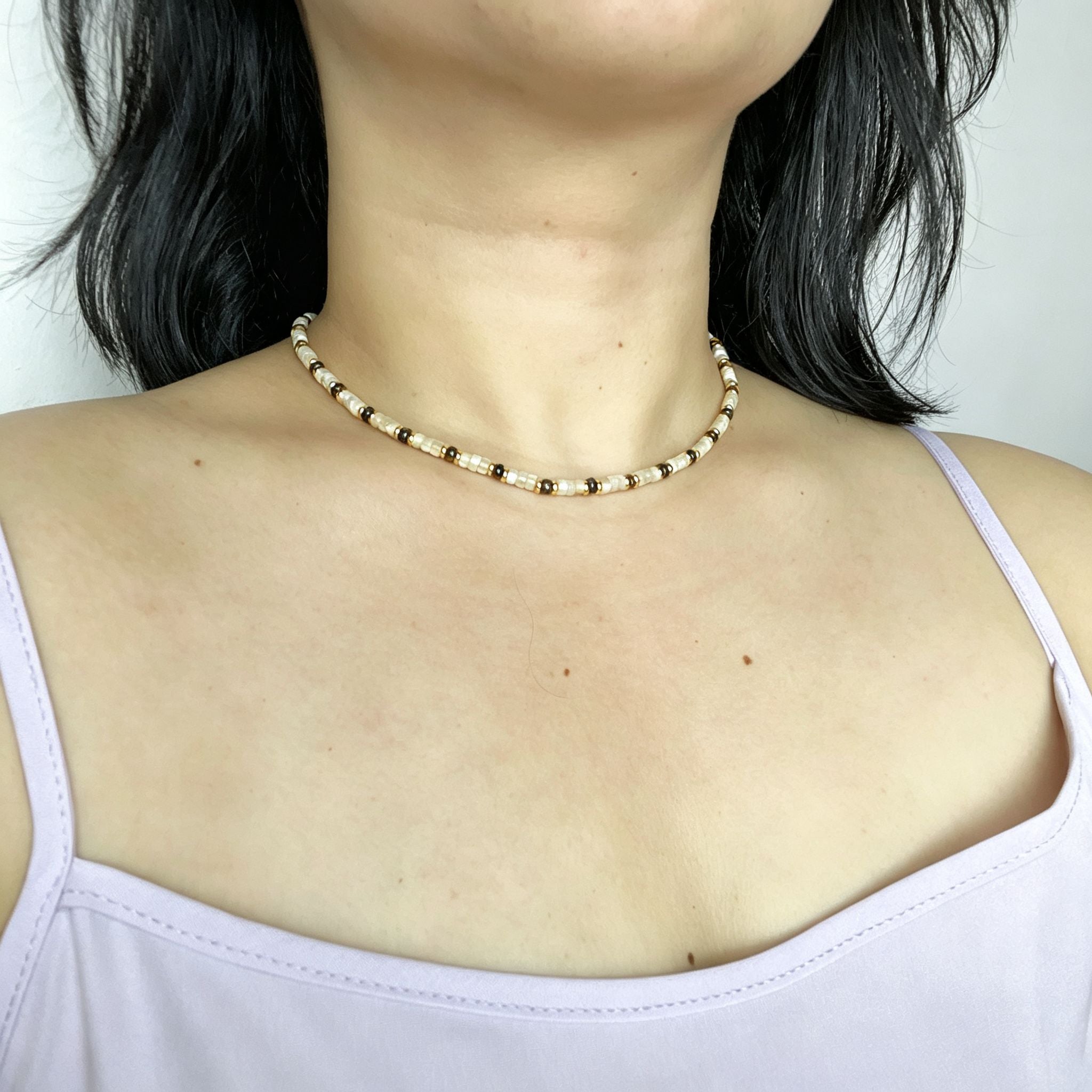 Handmade Cream Seed Bead & Gold Metal Bead Choker Necklace | Minimalist Everyday Jewelry