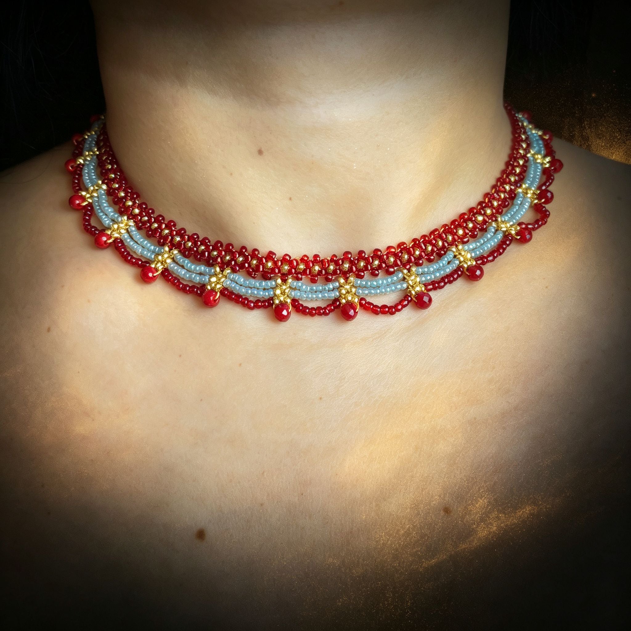 Handmade Red Silver & Gold Double Scallop Beaded Choker Necklace | Luxe Wide Collar Statement