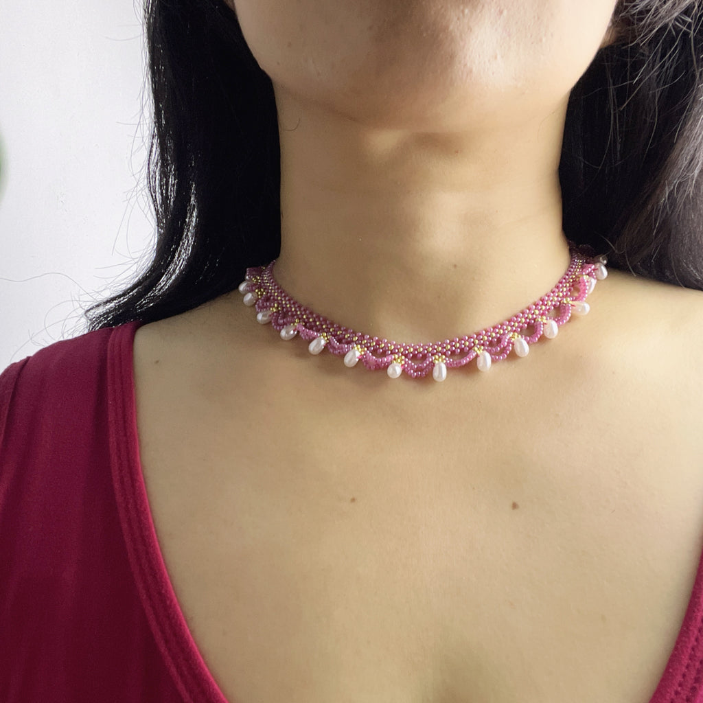 Handmade Rose Pink & Gold Wave Lace Beaded Choker Necklace | Freshwater Pearl Drop Fringe Romantic Collar