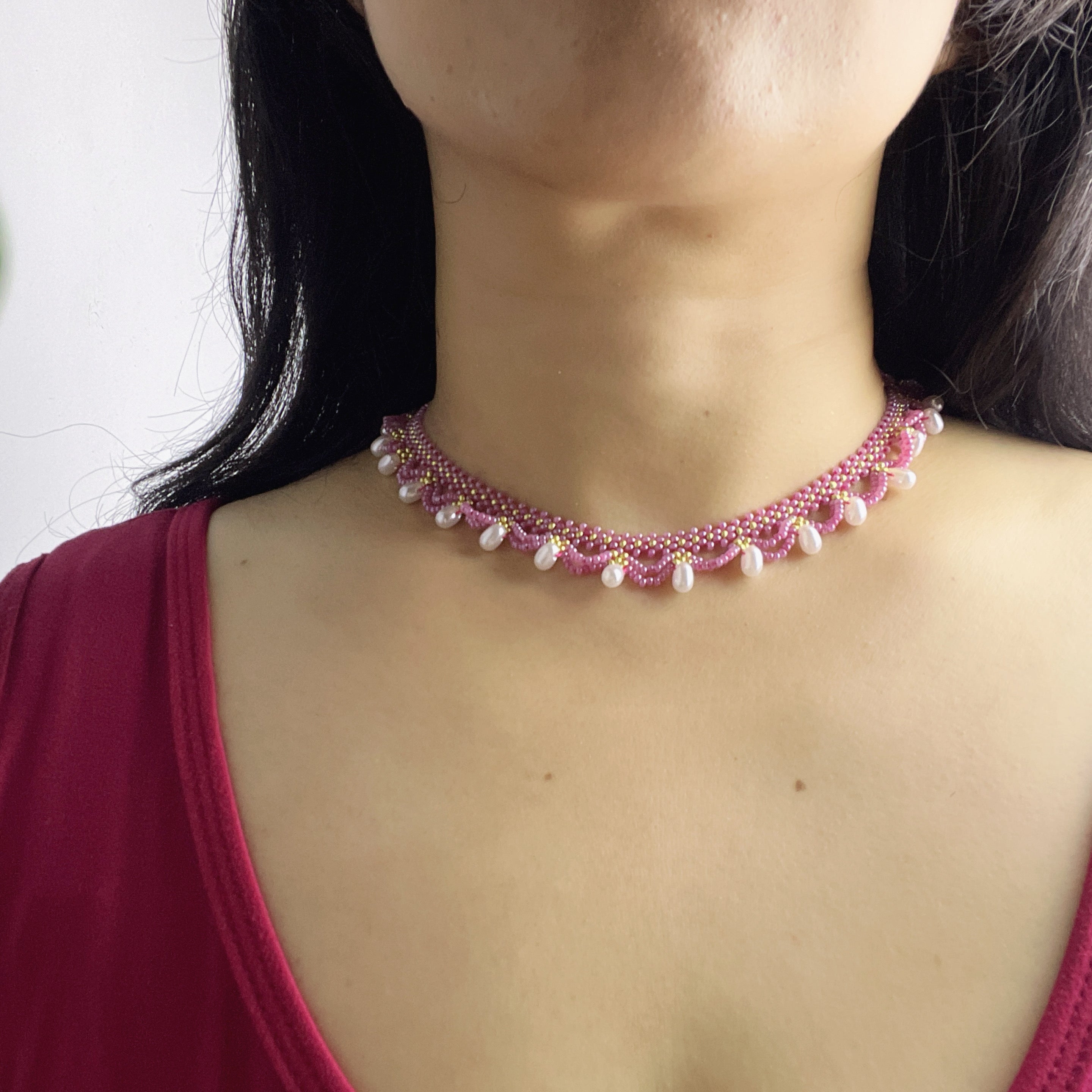 Handmade Rose Pink & Gold Wave Lace Beaded Choker Necklace | Freshwater Pearl Drop Fringe Romantic Collar