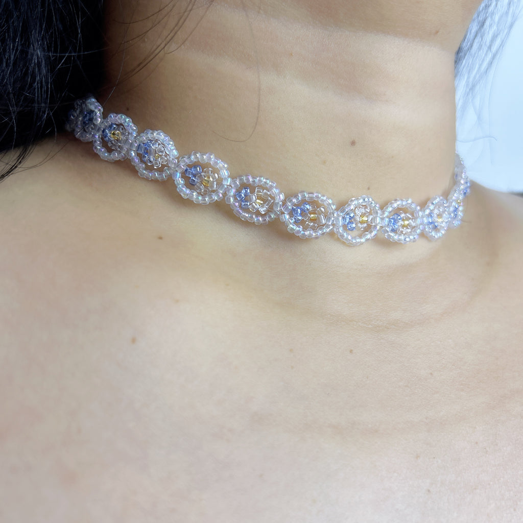 Handmade White Silver Floral Circle Beaded Choker Necklace | Lace Daisy Chain Bridal Collar