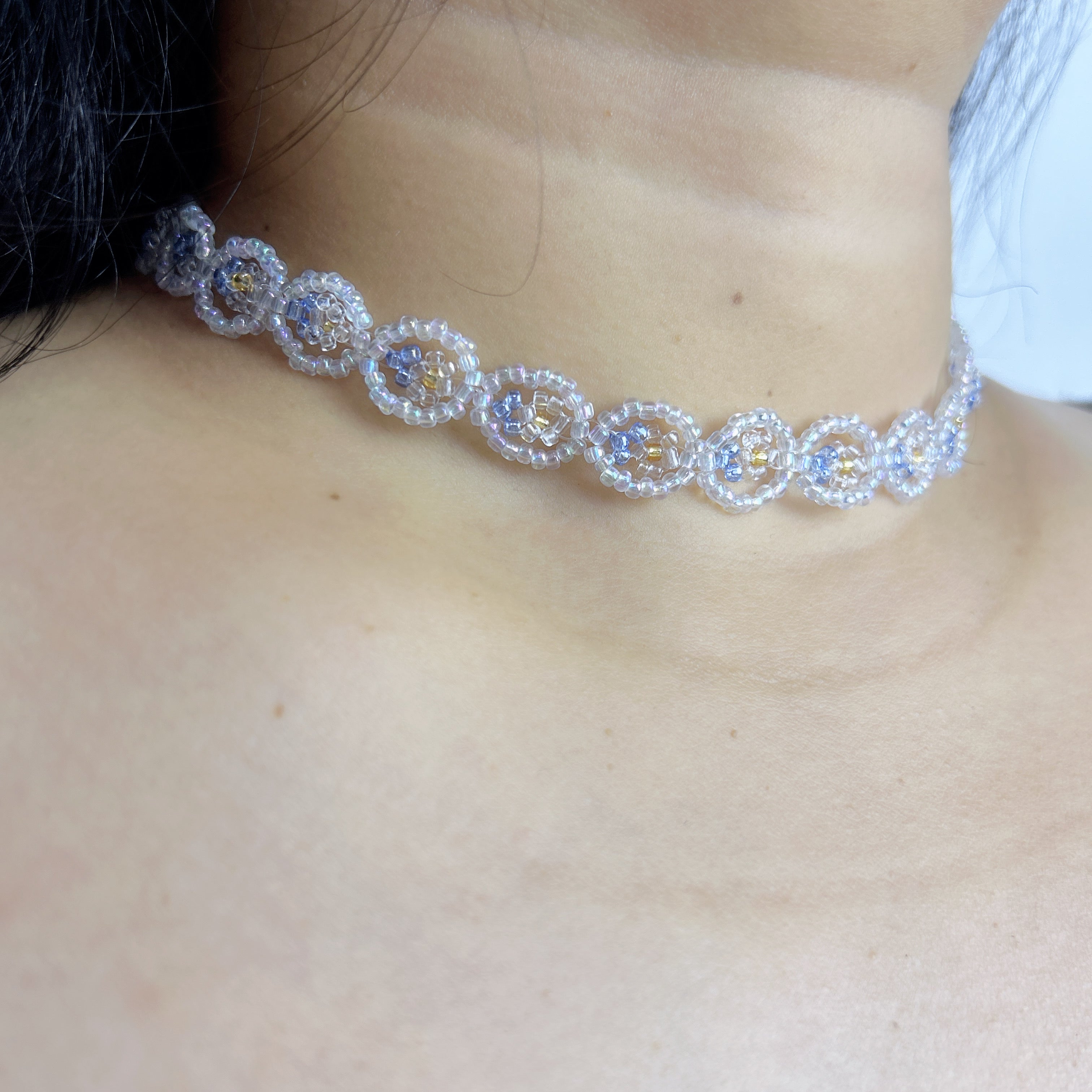 Handmade White Silver Floral Circle Beaded Choker Necklace | Lace Daisy Chain Bridal Collar