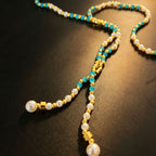 Handmade Turquoise Pearl & Gold Beaded Y-Lariat Necklace | Adjustable Slider Boho Summer Jewelry