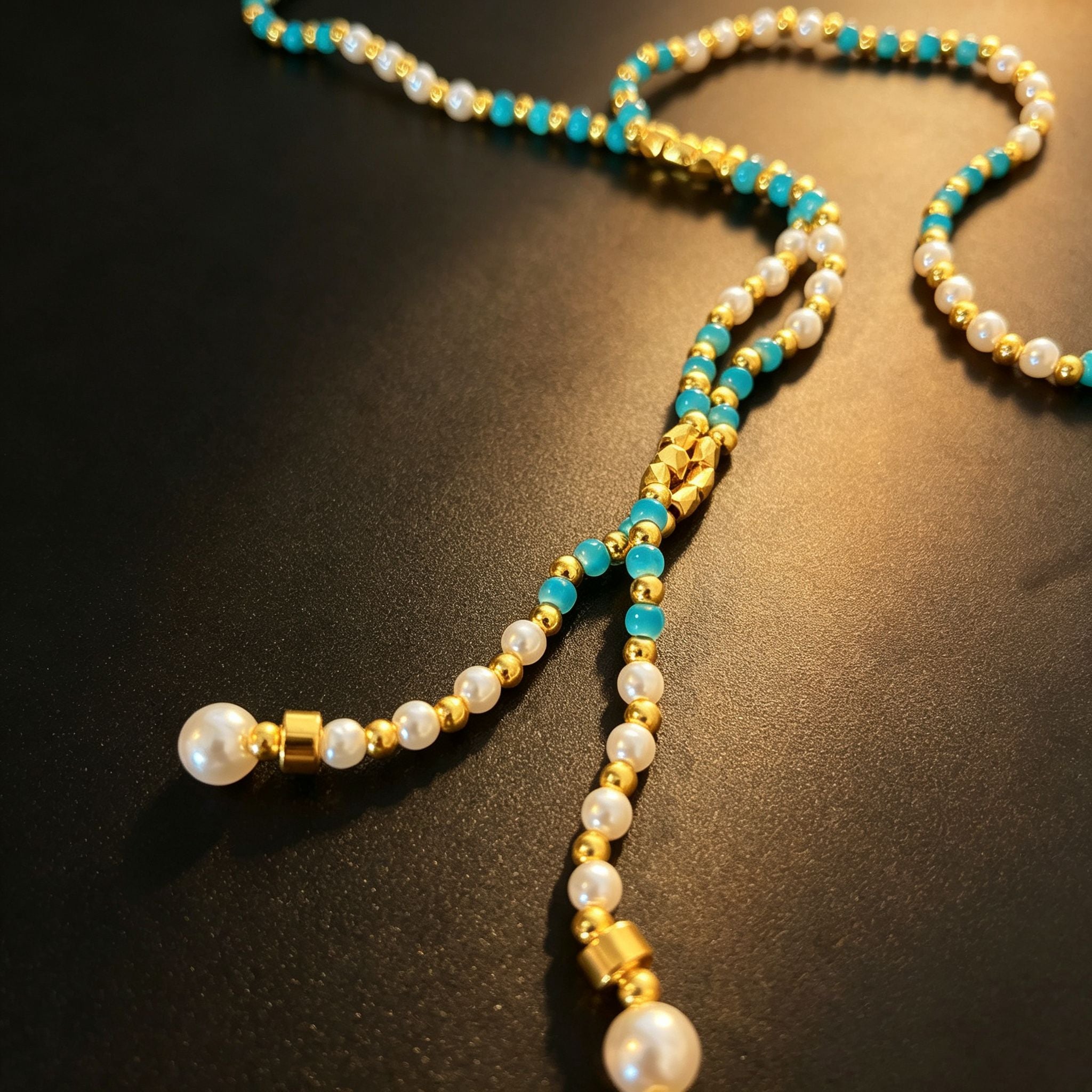 Handmade Turquoise Pearl & Gold Beaded Y-Lariat Necklace | Adjustable Slider Boho Summer Jewelry