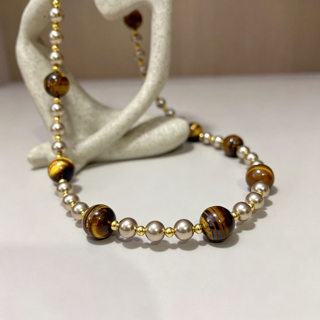 Handmade Tiger Eye & Metal Bead Choker Necklace | Natural Stone Silver Gold Spacer