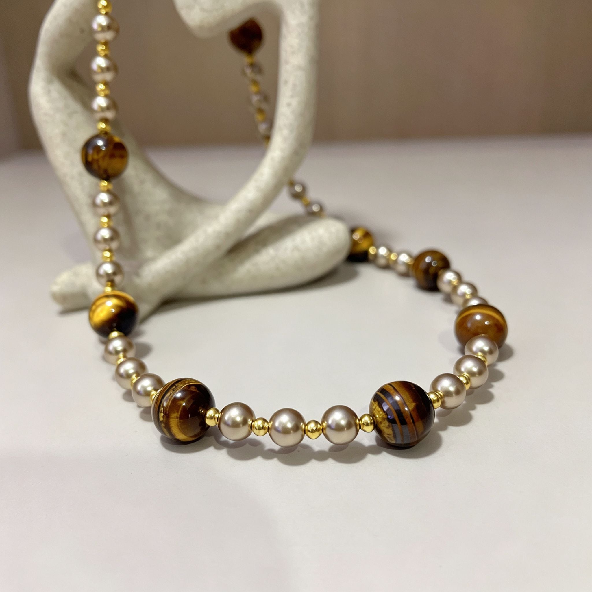 Handmade Tiger Eye & Metal Bead Choker Necklace | Natural Stone Silver Gold Spacer