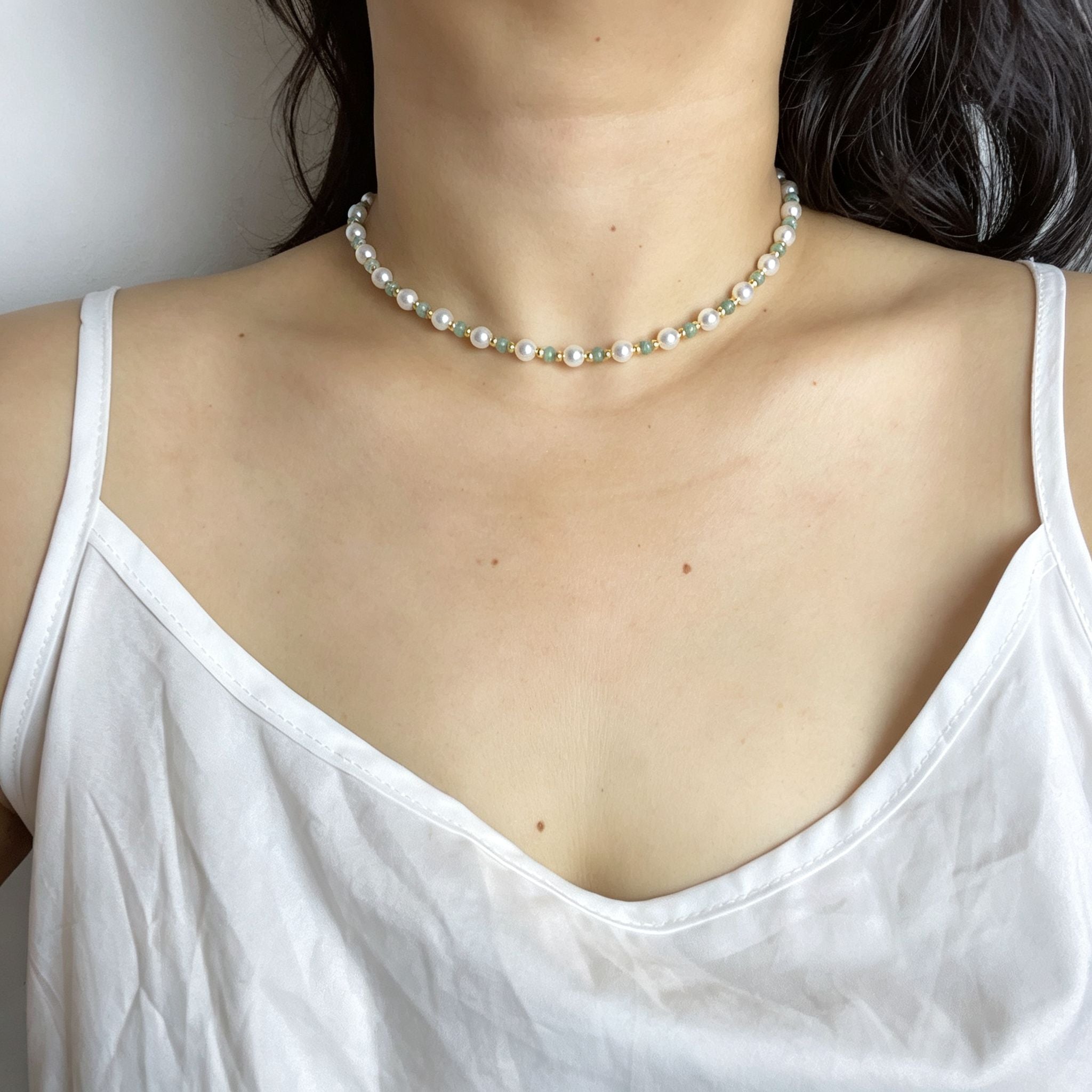 Handmade Pearl & Sage Green Seed Bead Choker Necklace | Gold Spacer Elegant Jewelry