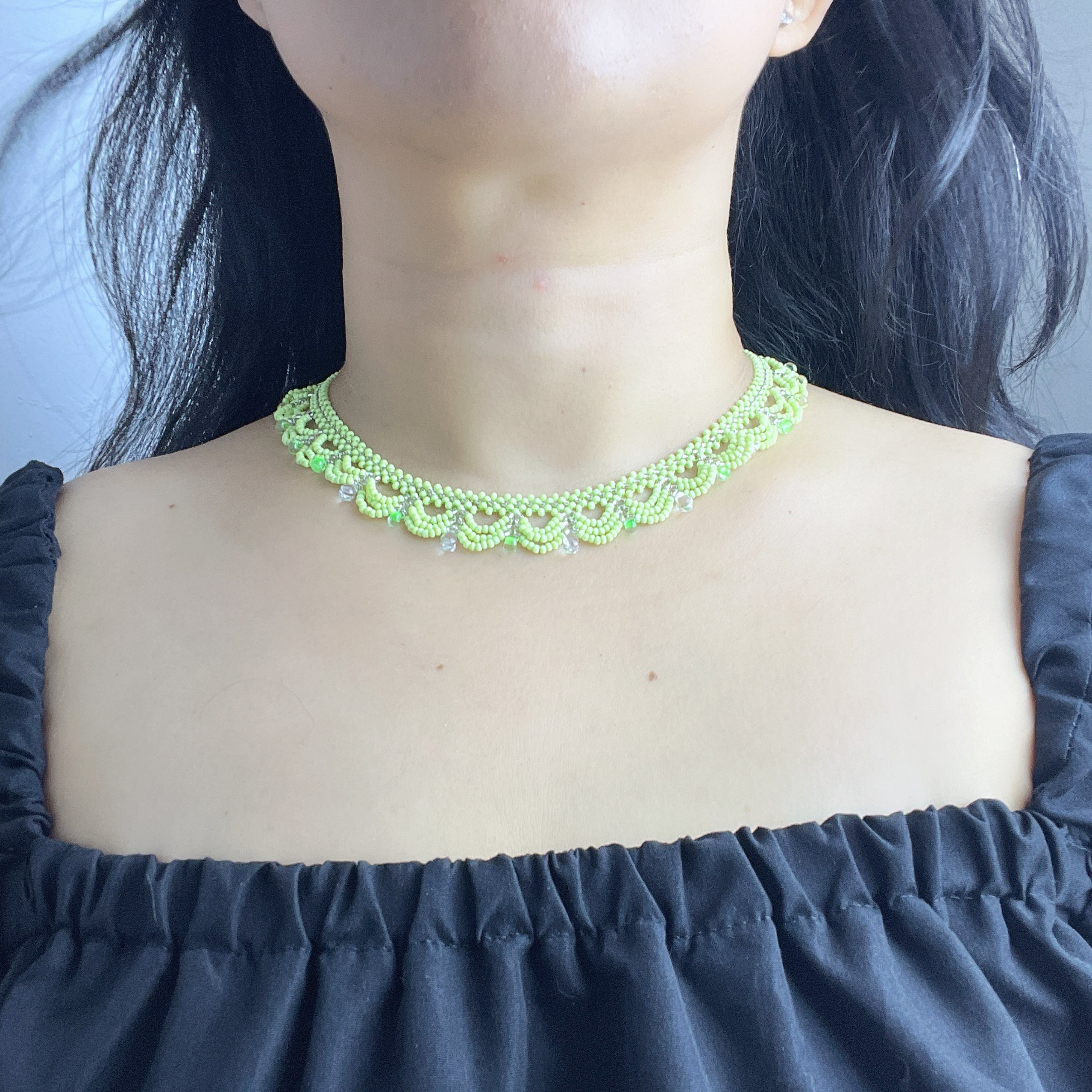 Handmade Apple Green & White Multi-Layer Scallop Wave Lace Beaded Choker Necklace | Bead Drop Fringe Spring Cottagecore Collar