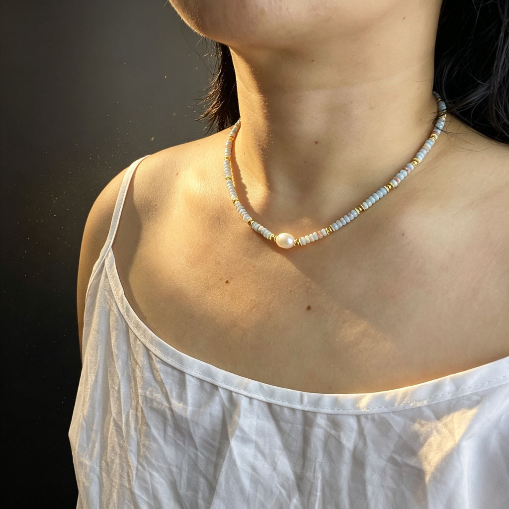 Handmade Grey & Blush Heishi Disc Choker Necklace | Baroque Freshwater Pearl Center Gold Spacer Minimal