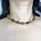 Handmade Graduated Tiger Eye Bead Choker Necklace | Natural Stone Gold Spacer