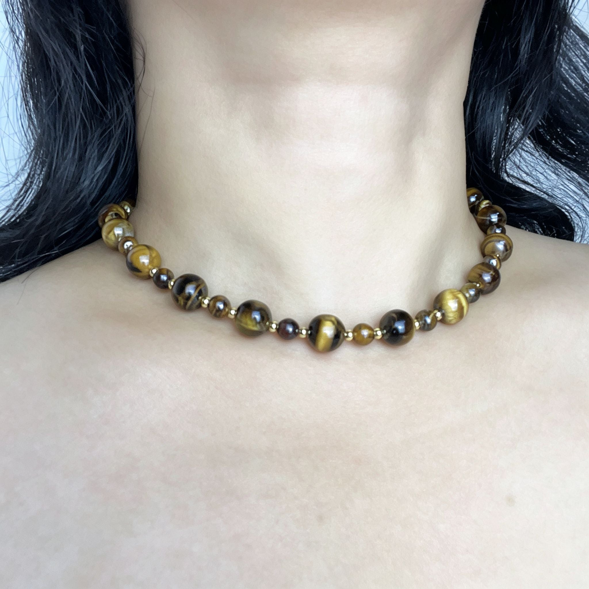 Handmade Graduated Tiger Eye Bead Choker Necklace | Natural Stone Gold Spacer
