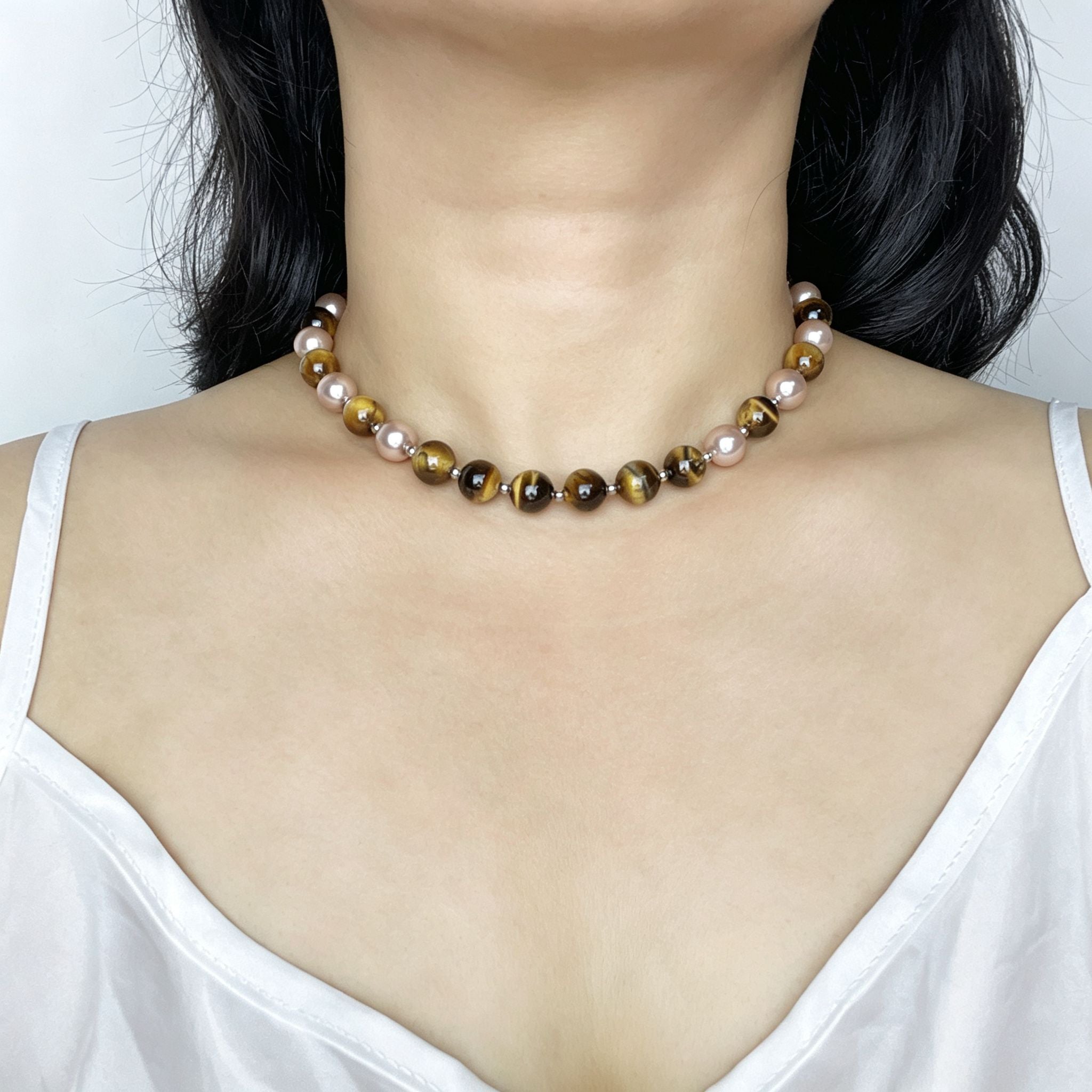 Handmade Tiger Eye & Pink Freshwater Pearl Choker Necklace | Natural Stone Gold Spacer