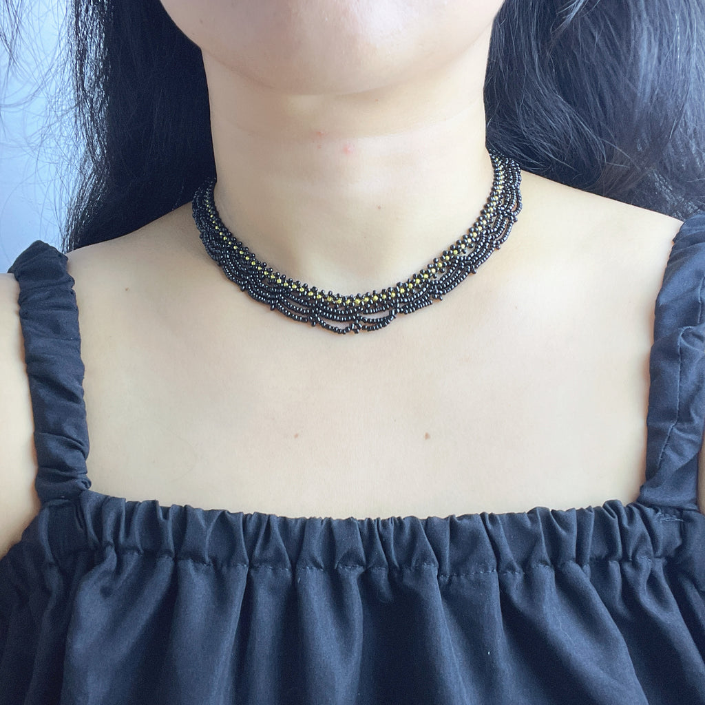 Handmade Black & Olive Green Multi-Strand Drape Wave Beaded Choker Necklace | Gothic Vintage Luxe Statement Collar
