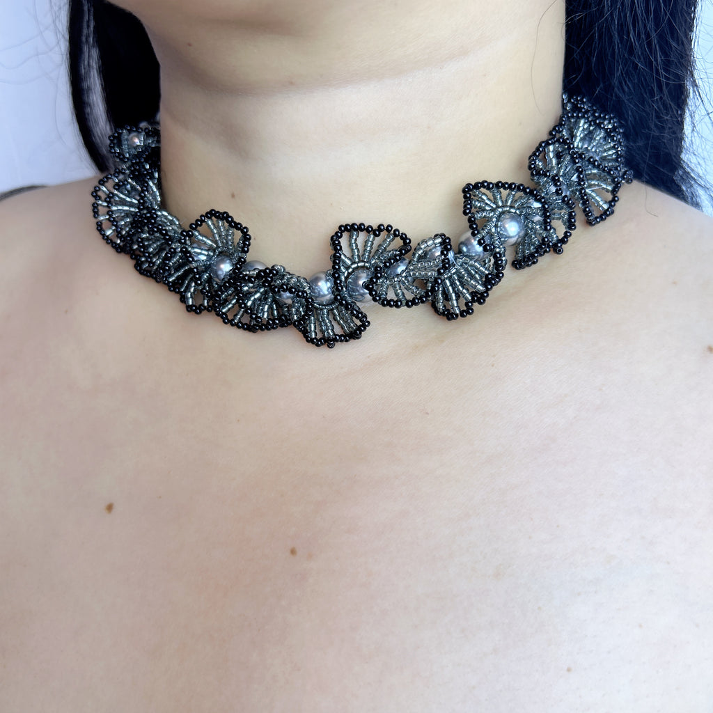 Handmade Black & Silver 3D Fan Flower Garland Choker Necklace | Pearl Center Gothic Luxe Statement Collar