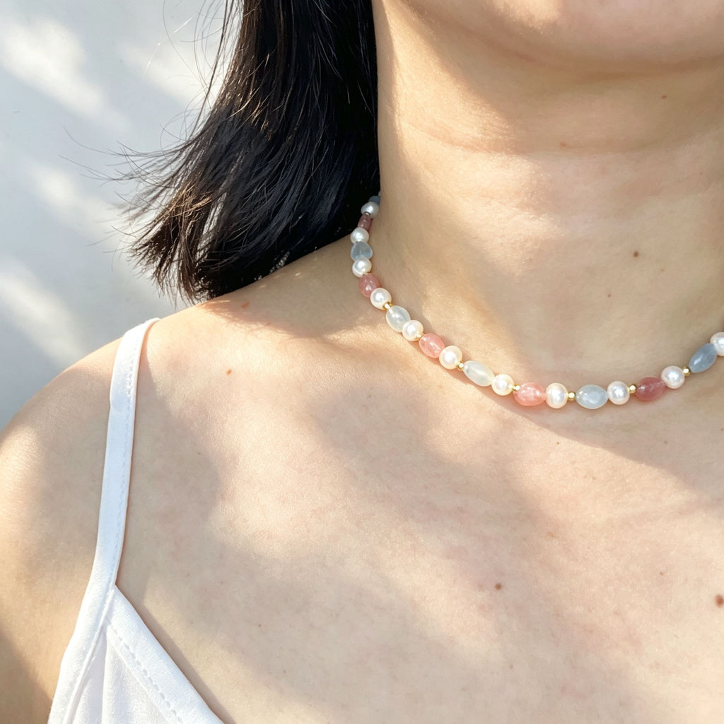 Handmade Morganite Pearl & Aquamarine Mixed Stone Choker Necklace | Pastel Pink Blue Gold