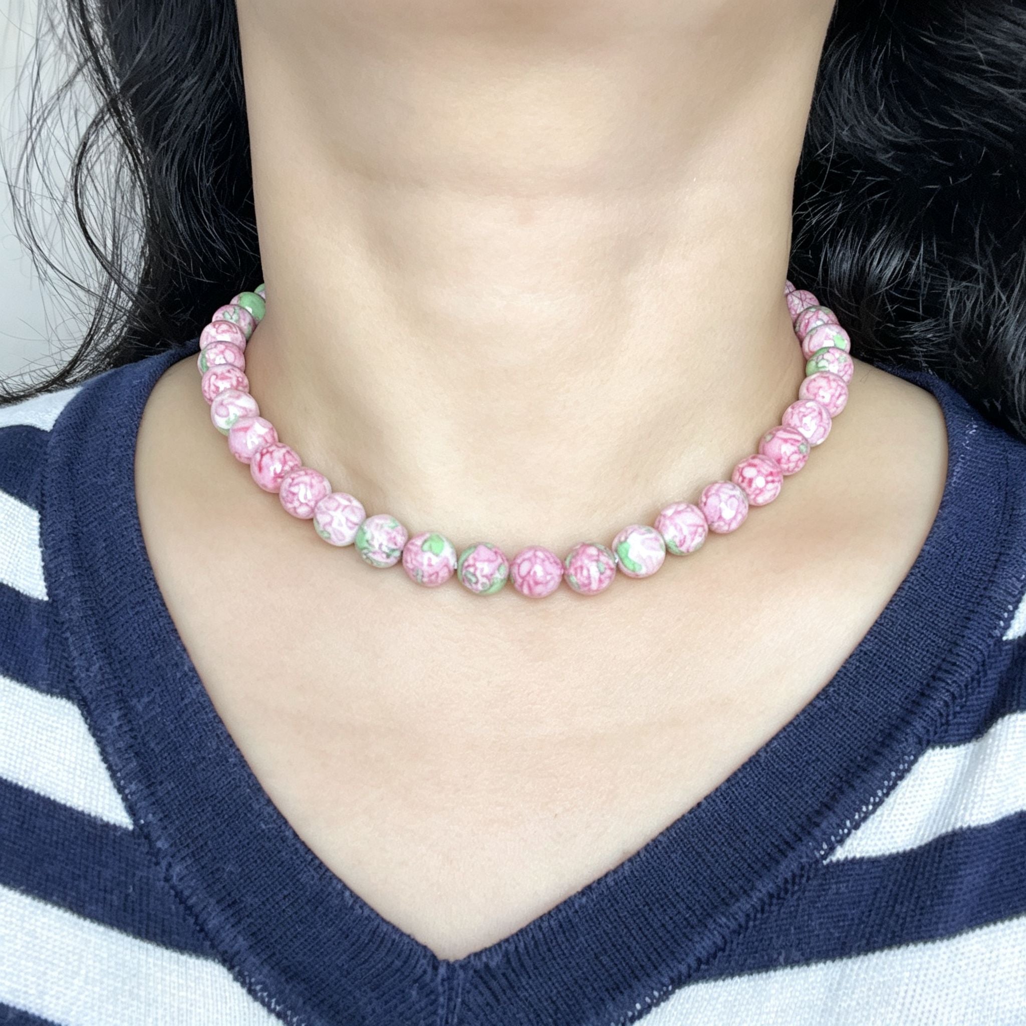 Handmade Pink Floral Ceramic Bead Choker Necklace | Cottagecore Enamel Jewelry