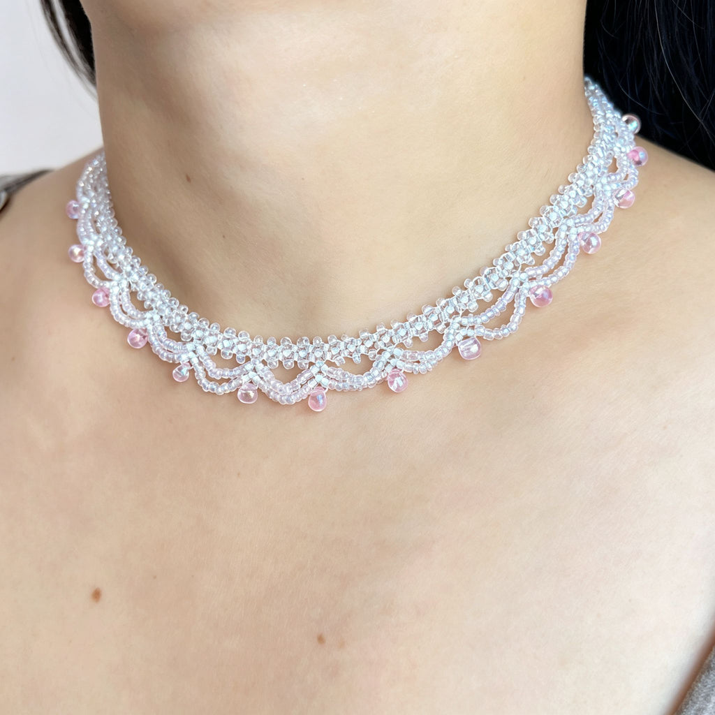 Handmade White & Blush Pink Lace Scallop Beaded Choker Necklace | Bridal Seed Bead Collar