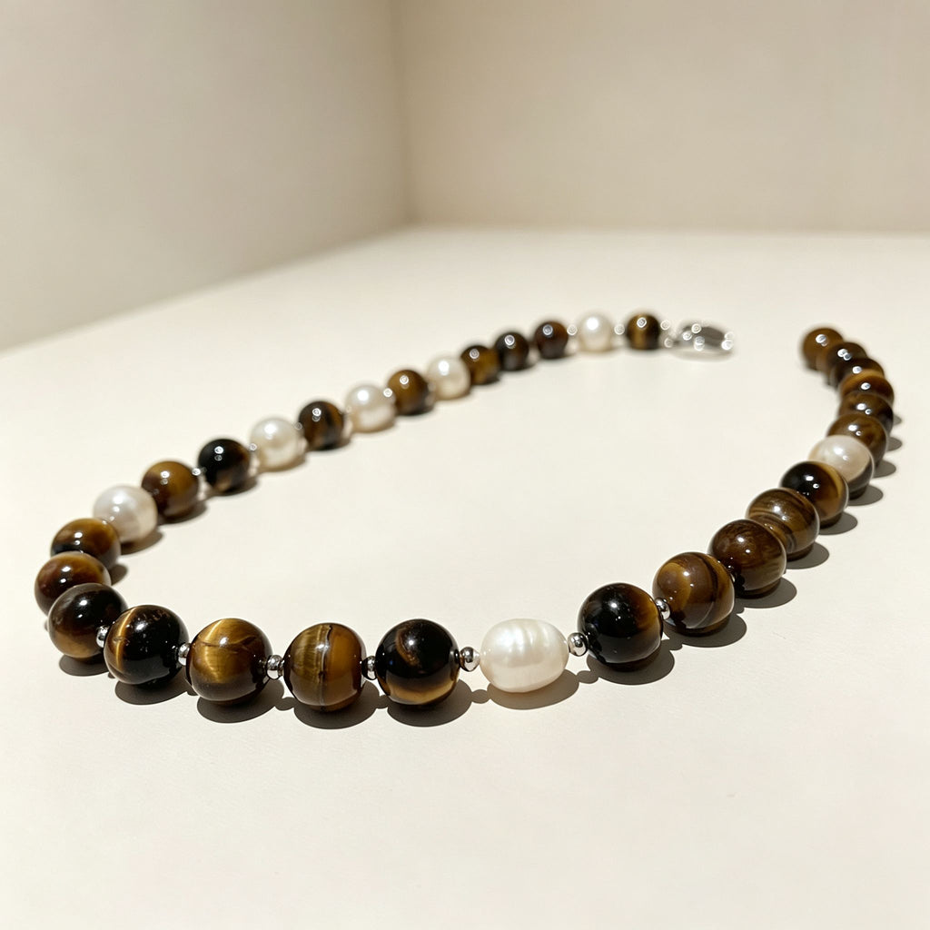 Handmade Tiger Eye Baroque Pearl Statement Necklace | Natural Stone Jewelry