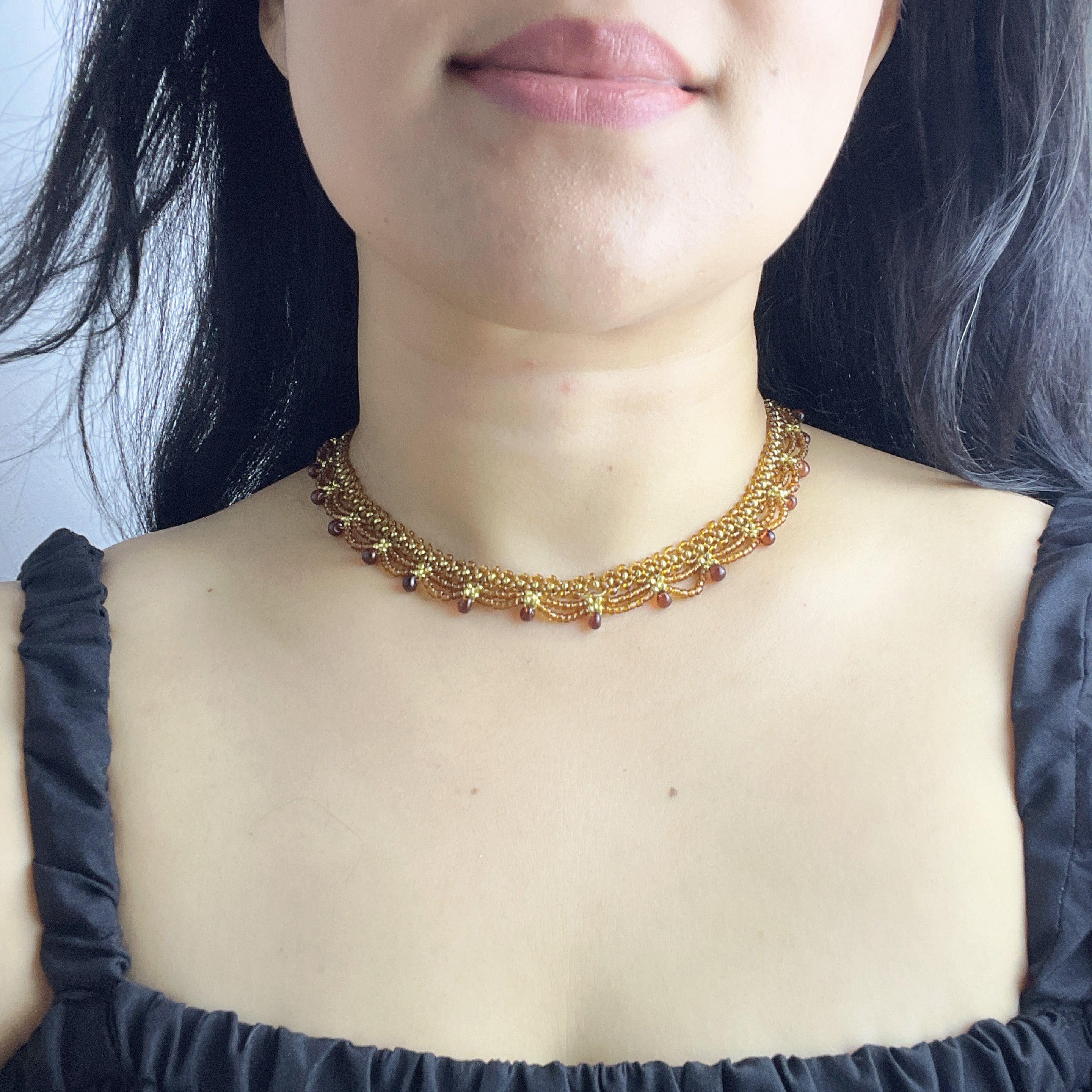 Handmade Gold & Brown Multi-Layer Wave Lace Beaded Choker Necklace | Brown Bead Drop Fringe Vintage Luxe Collar