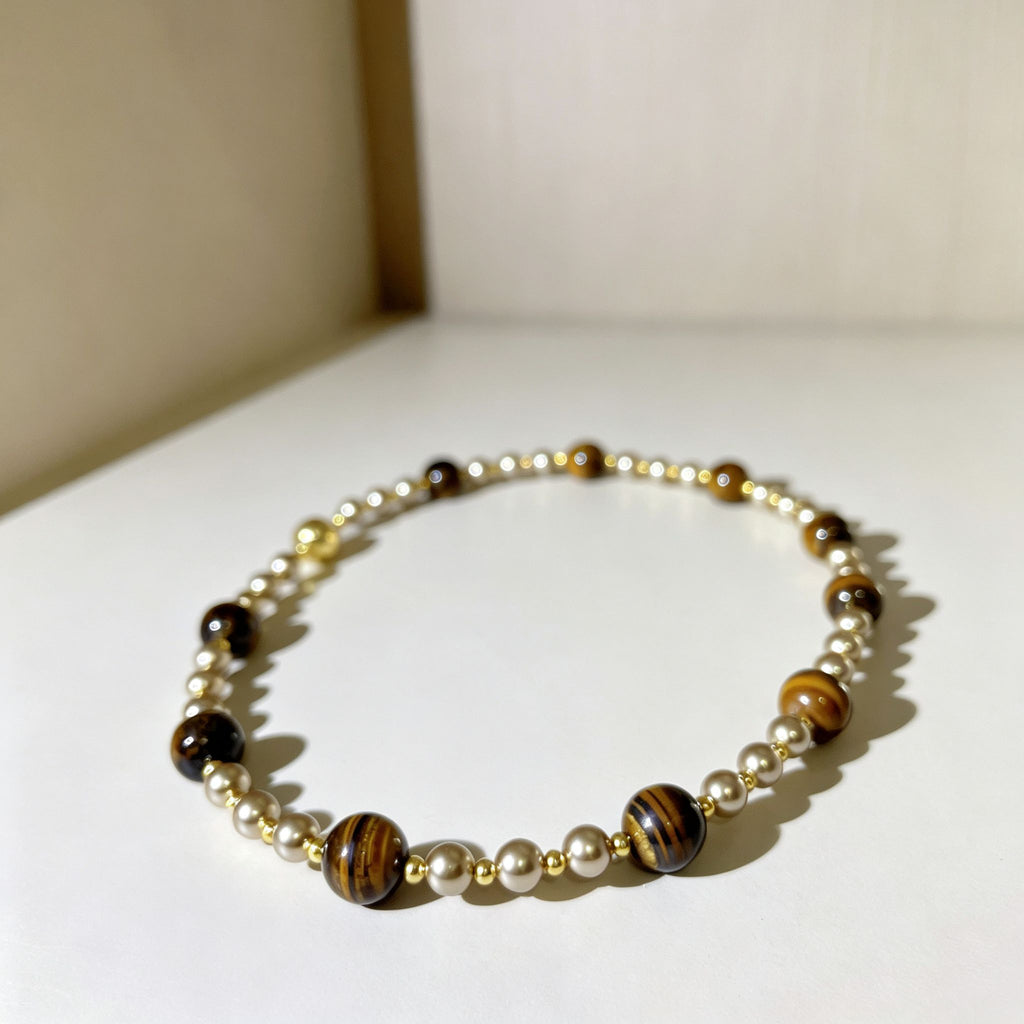 Handmade Tiger Eye & Metal Bead Choker Necklace | Natural Stone Silver Gold Spacer