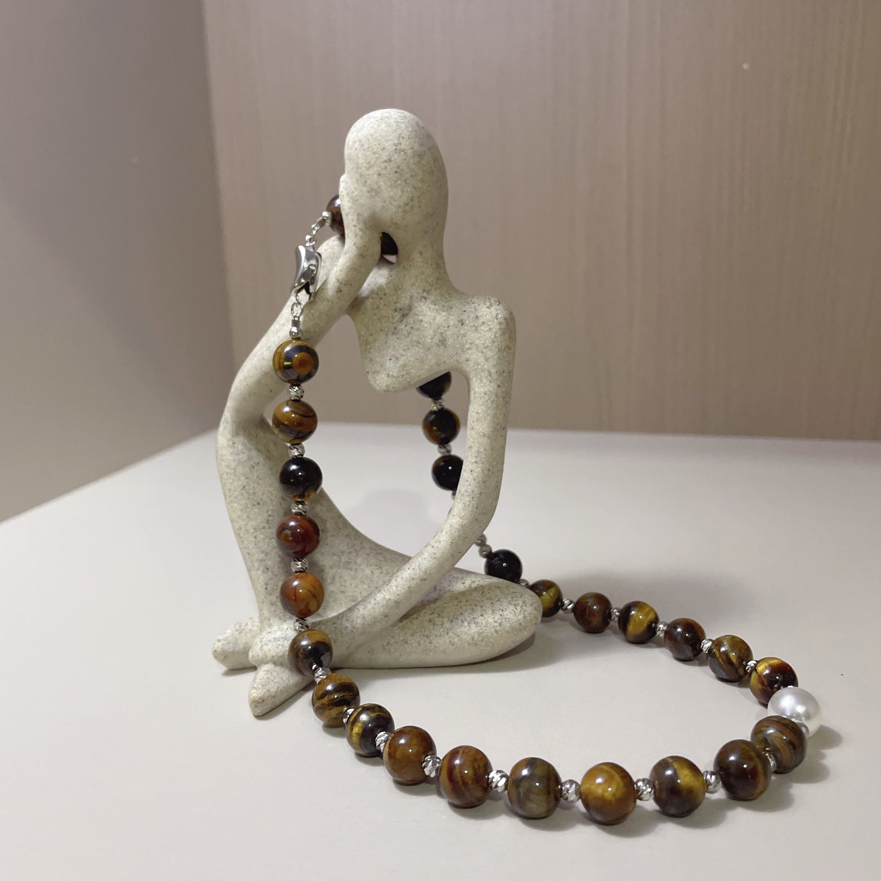 Handmade Tiger Eye Choker Necklace with Baroque Pearl Focal | Silver Spacer Natural Stone