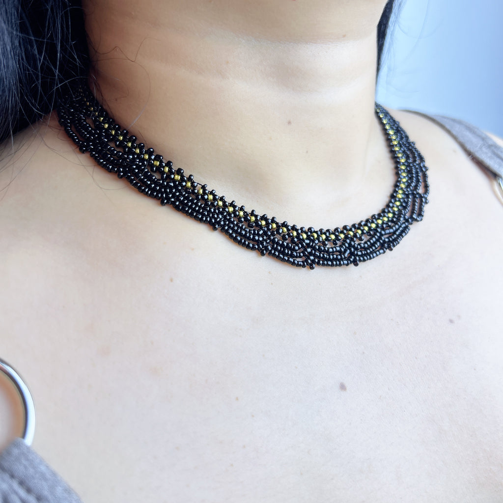 Handmade Black & Olive Green Multi-Strand Drape Wave Beaded Choker Necklace | Gothic Vintage Luxe Statement Collar