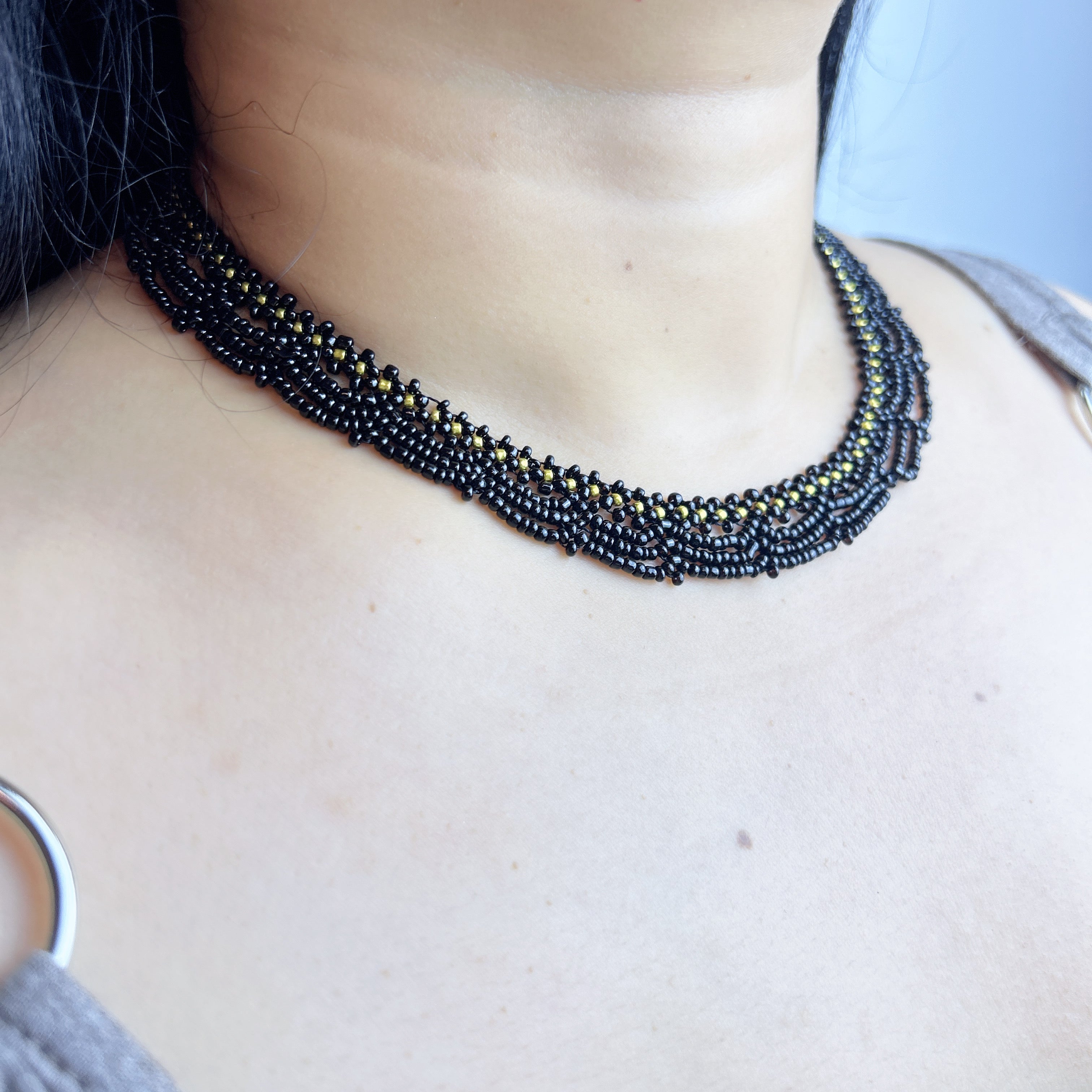 Handmade Black & Olive Green Multi-Strand Drape Wave Beaded Choker Necklace | Gothic Vintage Luxe Statement Collar