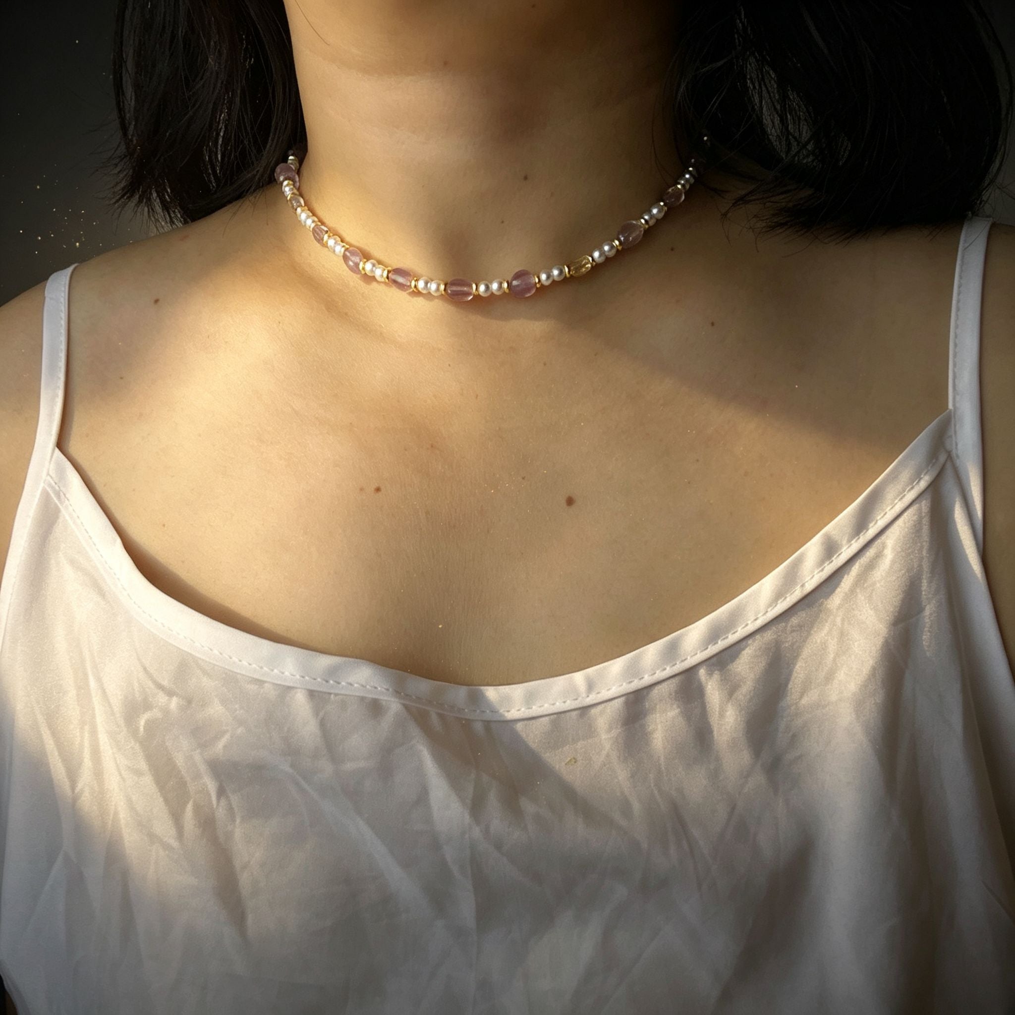 Handmade Amethyst Tumbled Stone & Pearl Choker Necklace | Gold Spacer Natural Stone Jewelry