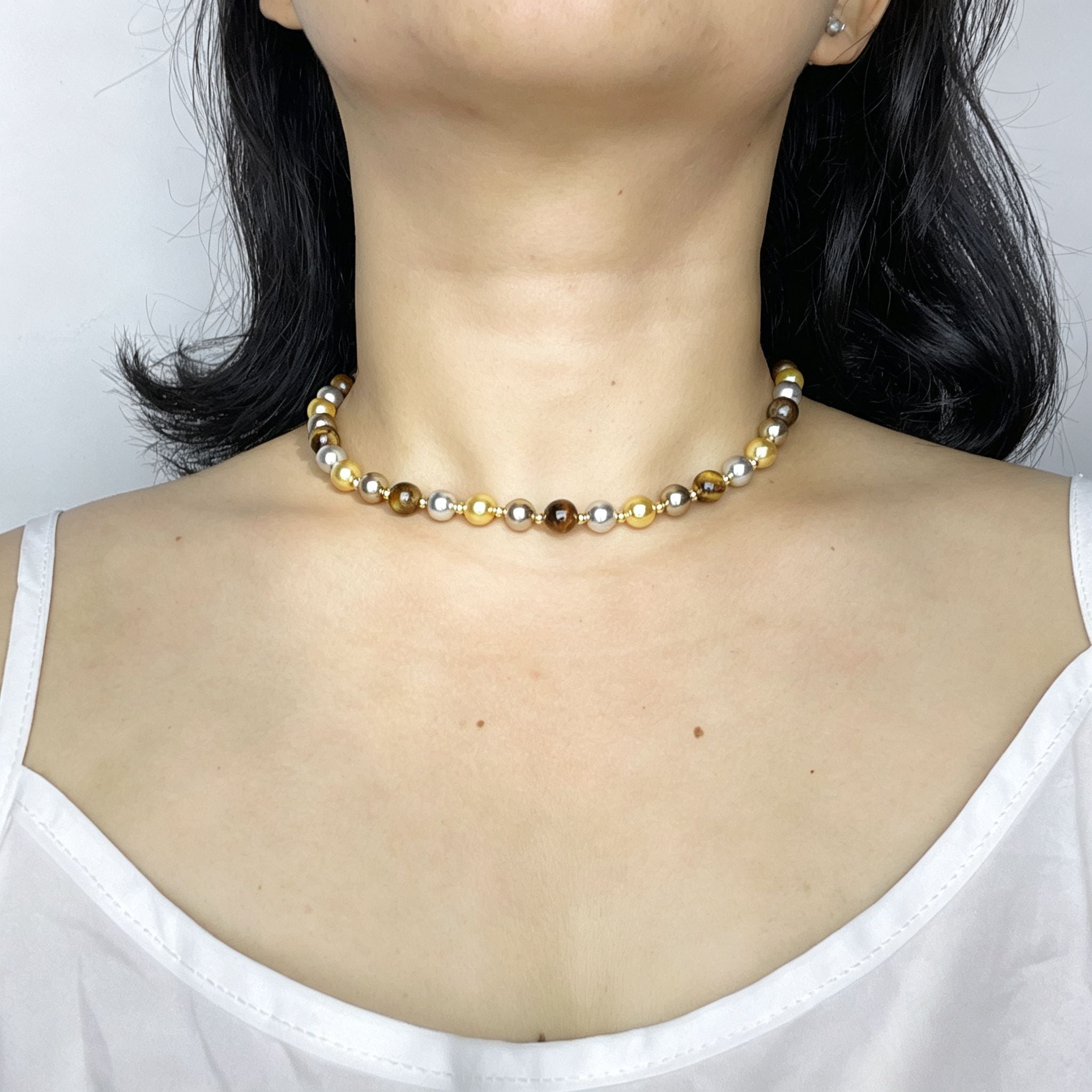 Handmade Gold Silver & Bronze Mixed Metallic Pearl Choker Necklace | Multi-Tone Luxe Beaded Collar