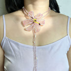 Handmade 3D Pink Hibiscus Flower Beaded Choker Necklace | Asymmetric Pearl Tassel Drop Fairycore Statement