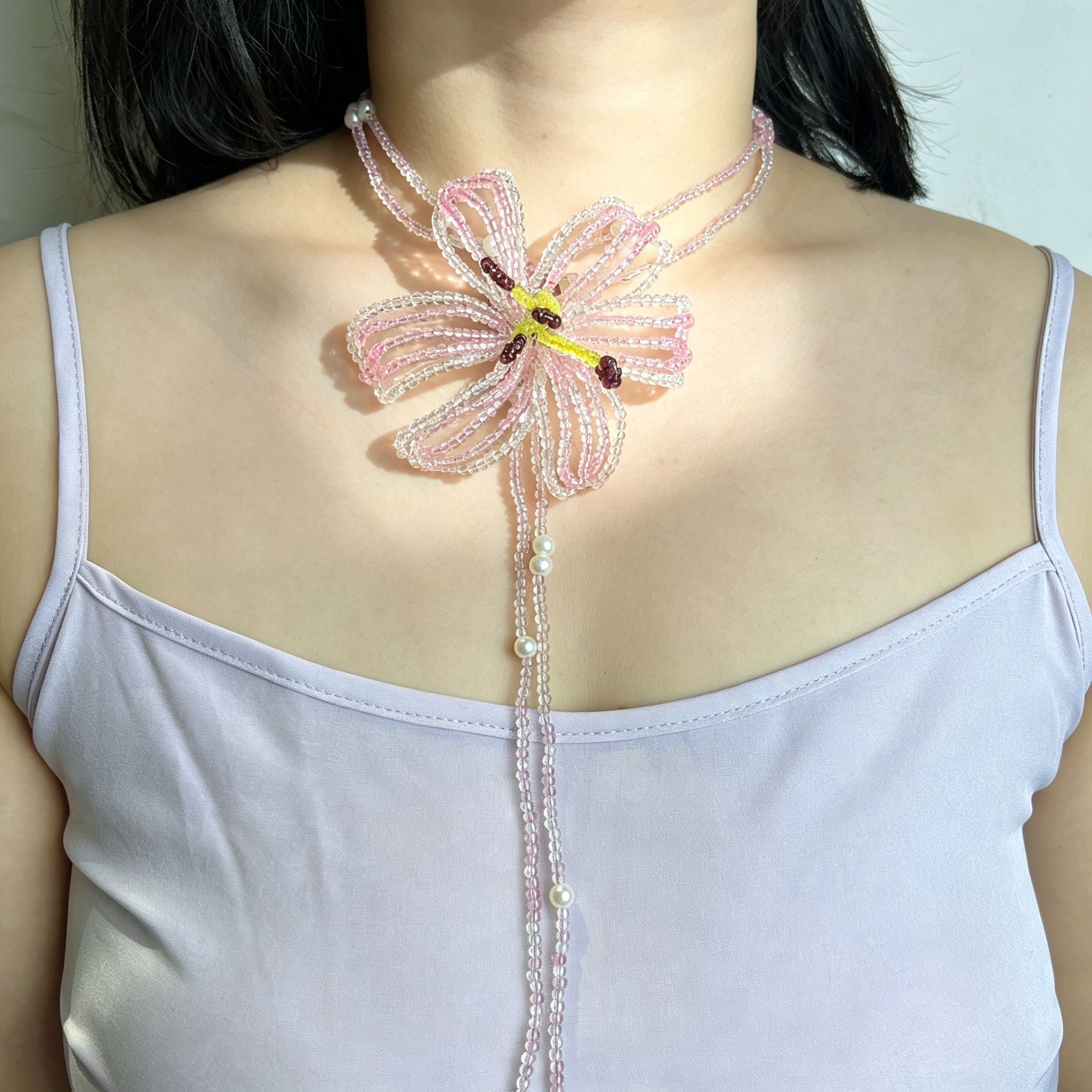 Handmade 3D Pink Hibiscus Flower Beaded Choker Necklace | Asymmetric Pearl Tassel Drop Fairycore Statement