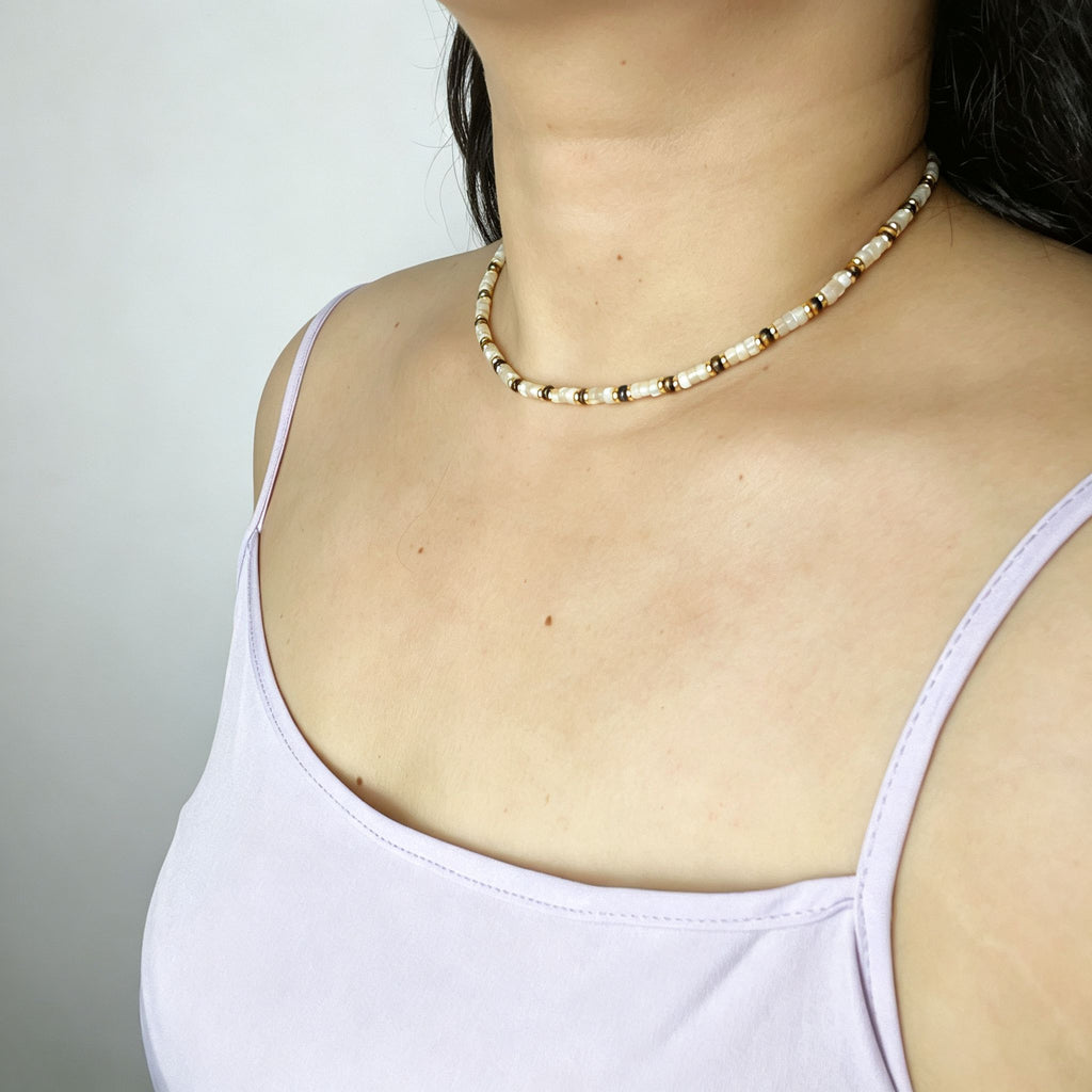 Handmade Cream Seed Bead & Gold Metal Bead Choker Necklace | Minimalist Everyday Jewelry
