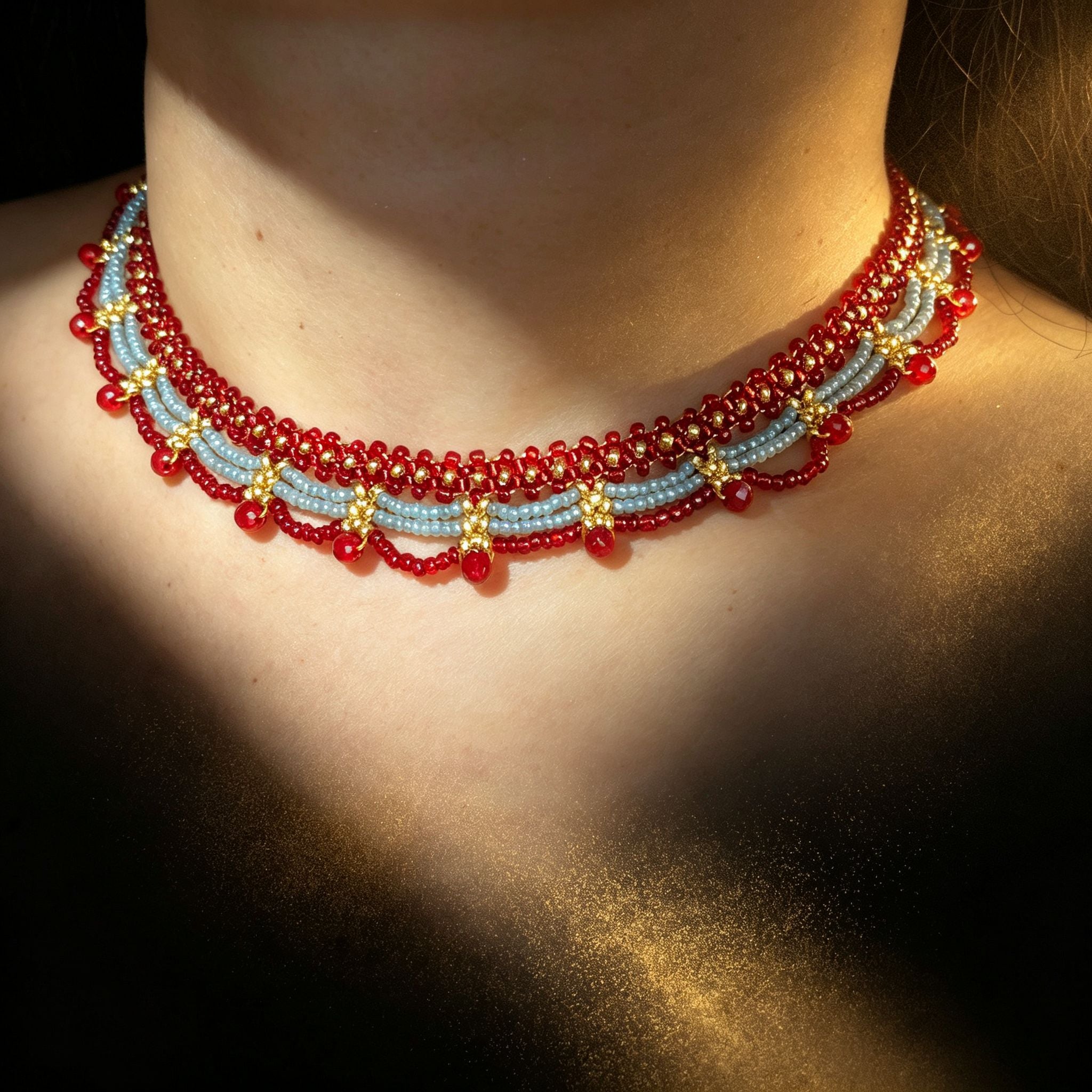 Handmade Red Silver & Gold Double Scallop Beaded Choker Necklace | Luxe Wide Collar Statement