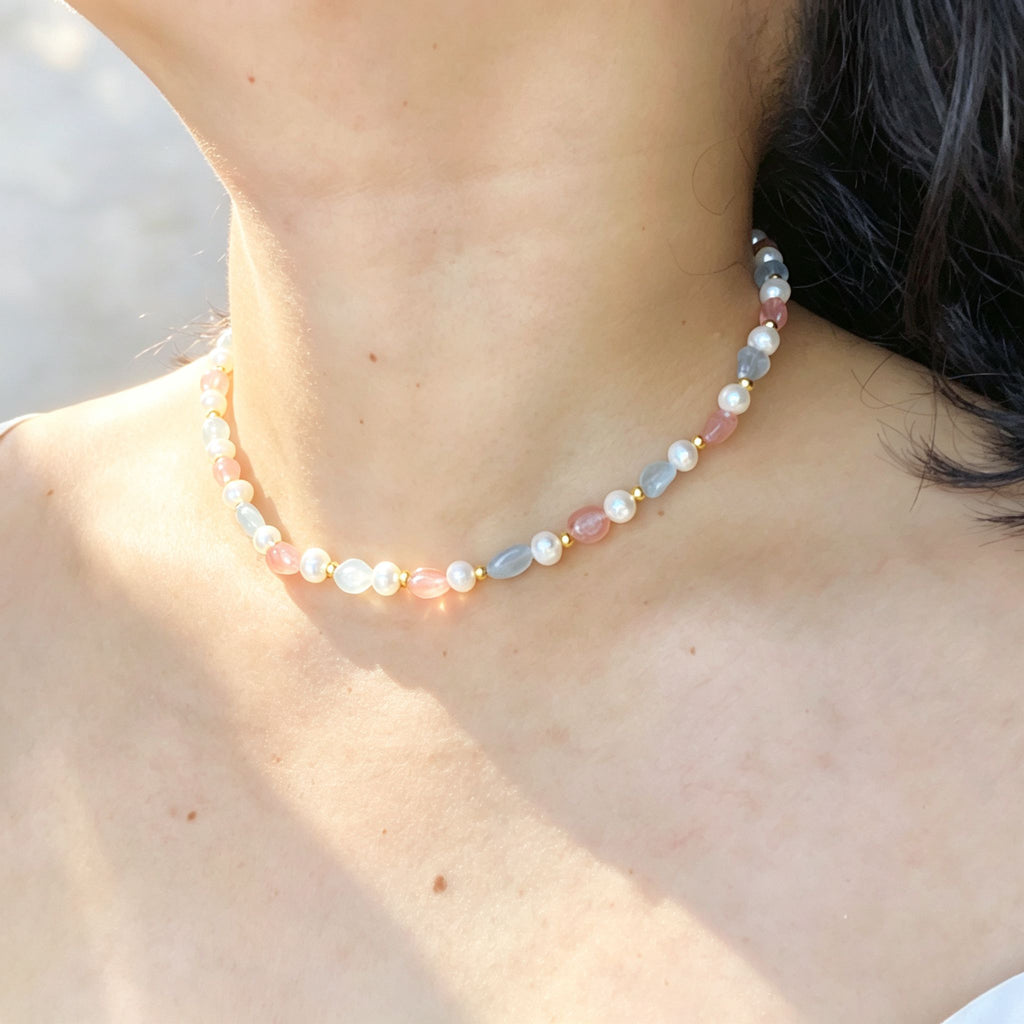 Handmade Morganite Pearl & Aquamarine Mixed Stone Choker Necklace | Pastel Pink Blue Gold