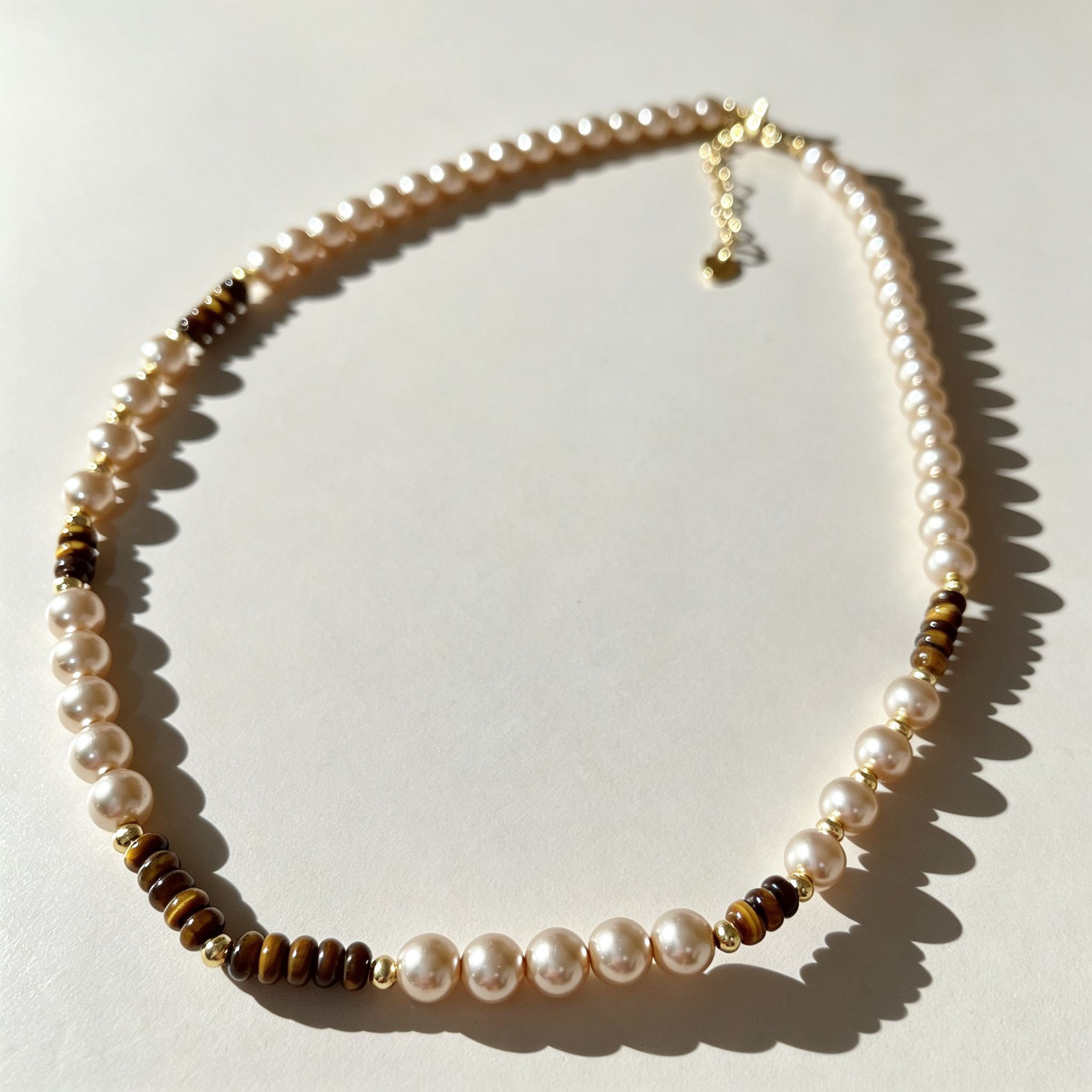Handmade Pearl & Tiger Eye Disc Choker Necklace | Gold Spacer Elegant Natural Stone Jewelry