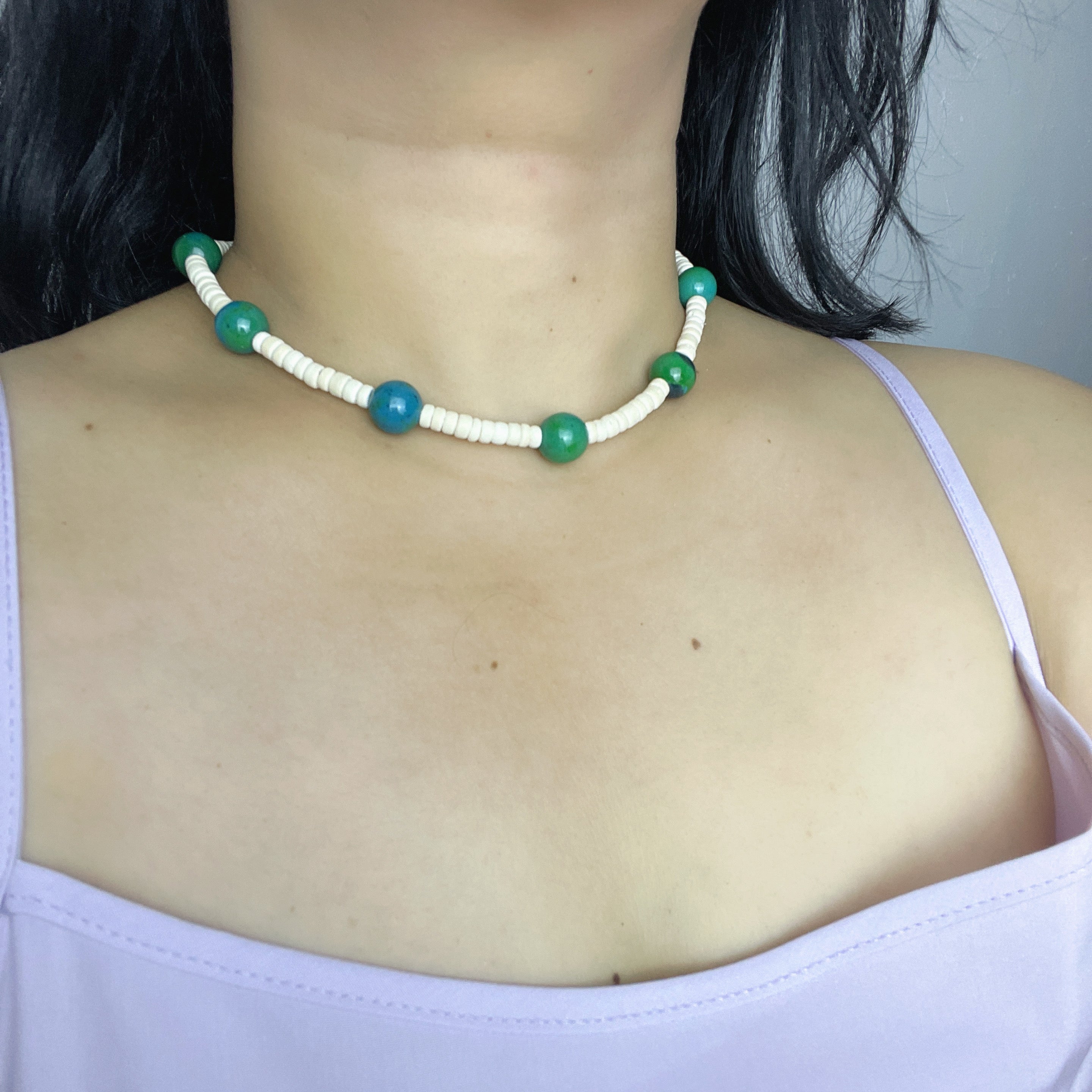 Handmade White Shell Heishi & Green Agate Choker Necklace | Blue Bead Tropical Beach Boho Collar