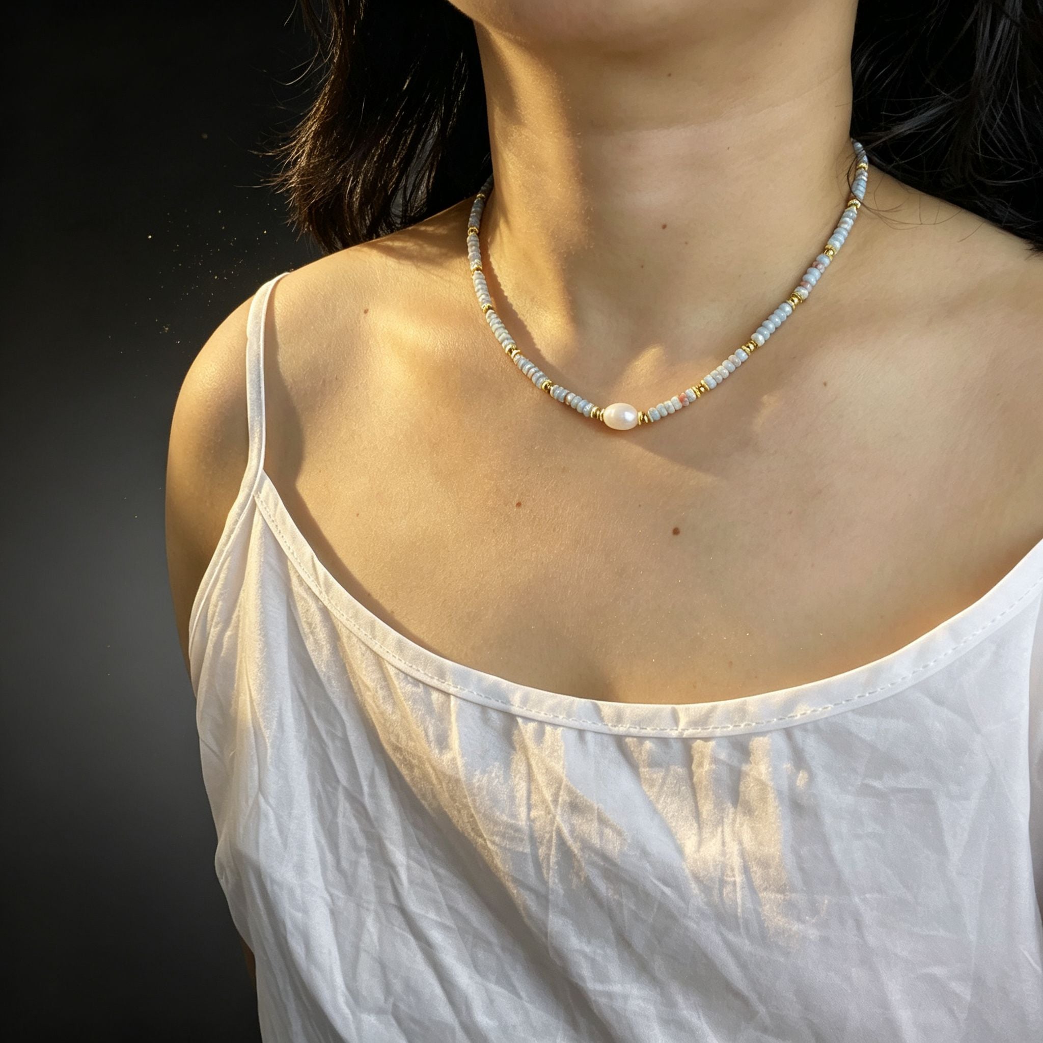 Handmade Grey & Blush Heishi Disc Choker Necklace | Baroque Freshwater Pearl Center Gold Spacer Minimal